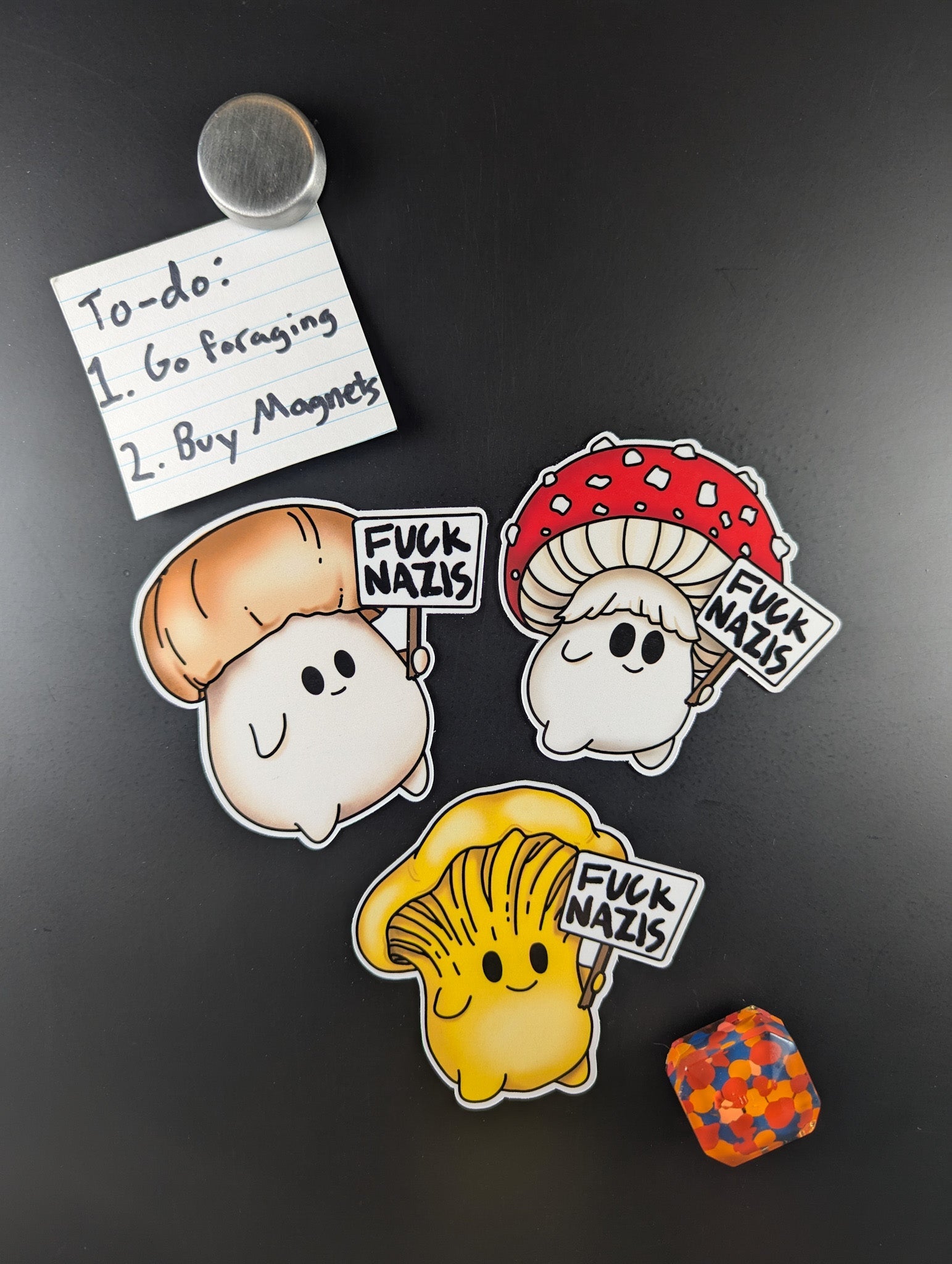 "Fuck Nazis" Mushroom Magnet Trio | Censored Version (F*ck Nazis) Available | Chanterelle, Amanita and Porcini Mushrooms