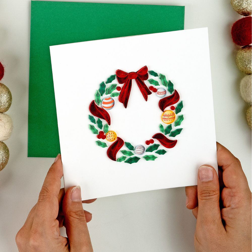Holiday Wreath with Ornaments Quilled Greeting Card