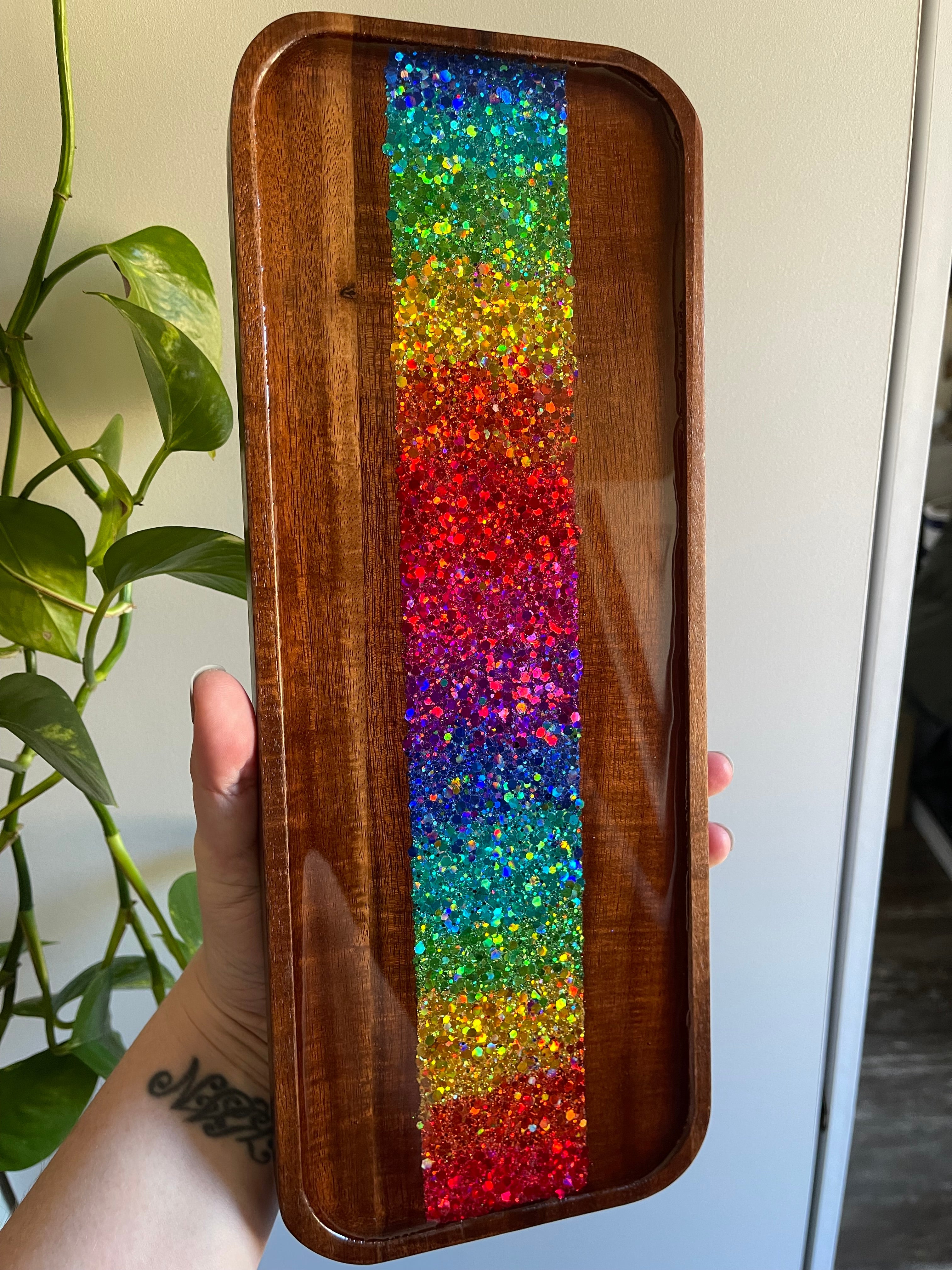 Glitterwhore Rainbow Medium Rectangular Acacia Wood Tray