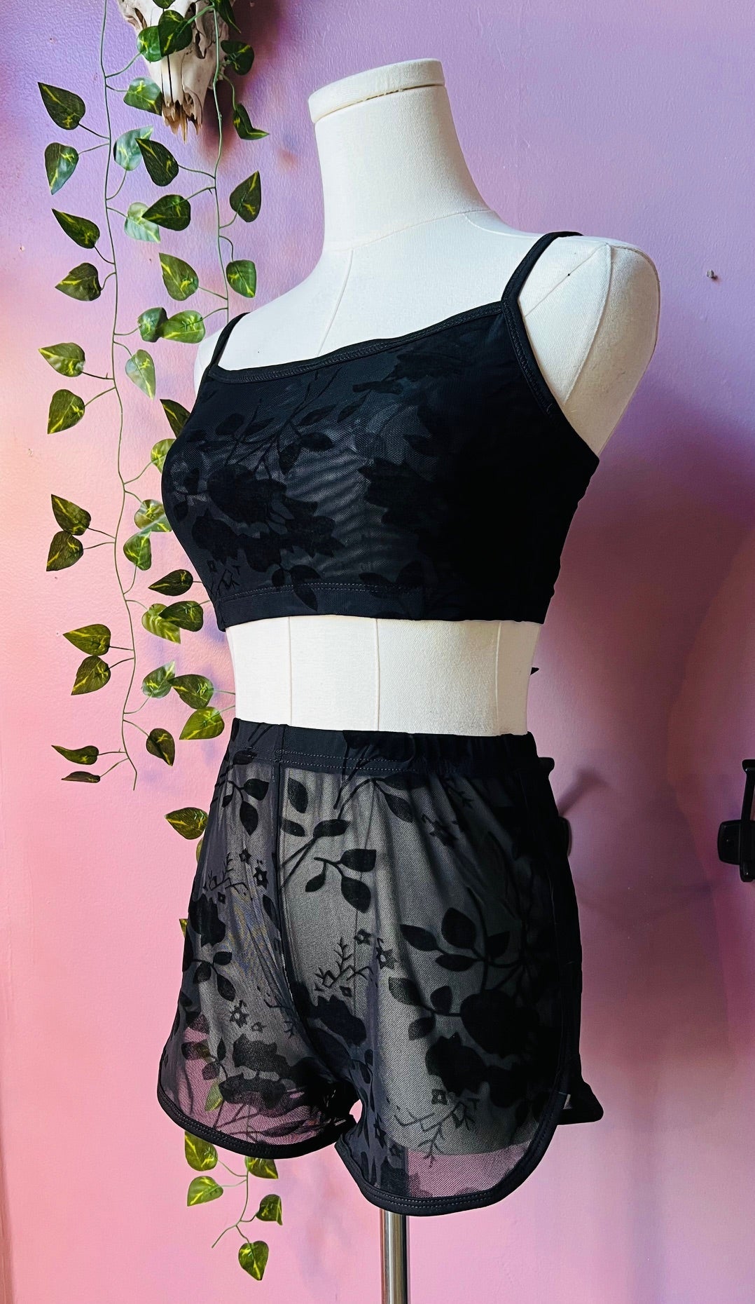 The Sinister Set - GOTHIC FLORAL - Sheer Velvet Flocked Floral Bra & Shorts Set - READY TO SHIP