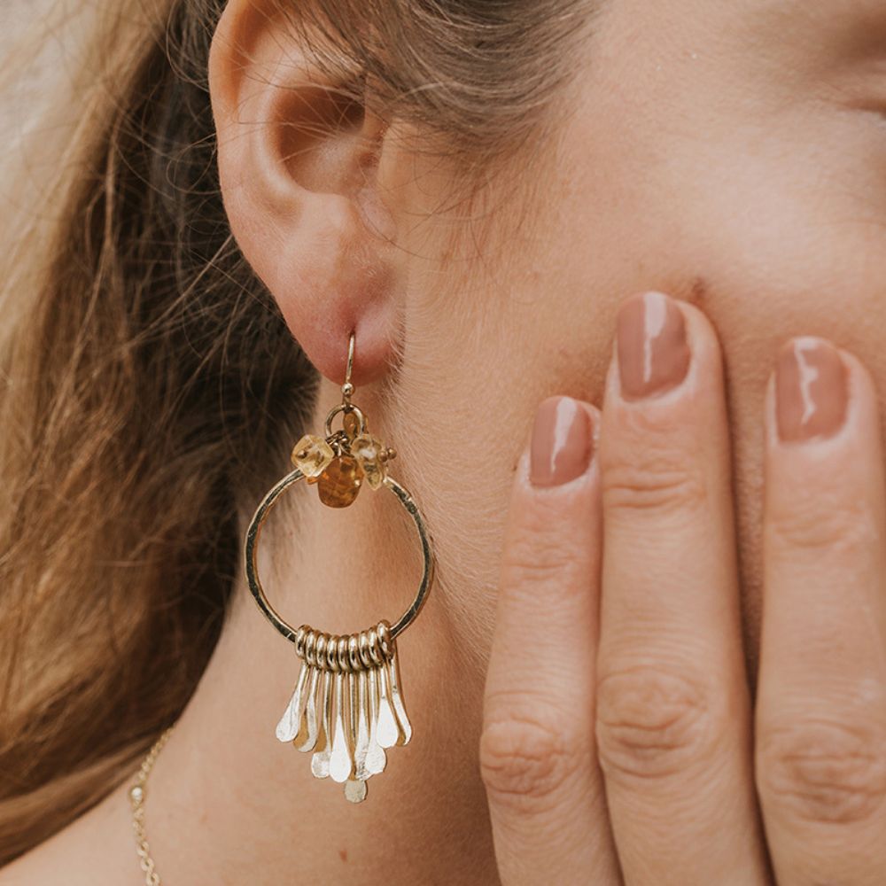 Citrine and Sunstone Brass Fringe Dangle Earrings