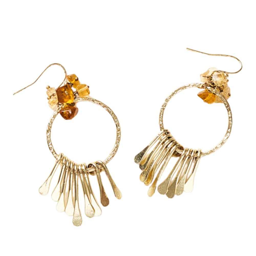 Citrine and Sunstone Brass Fringe Dangle Earrings