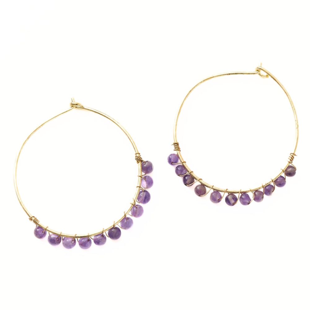 Amethyst Beaded Large Gold Hoop Earrings