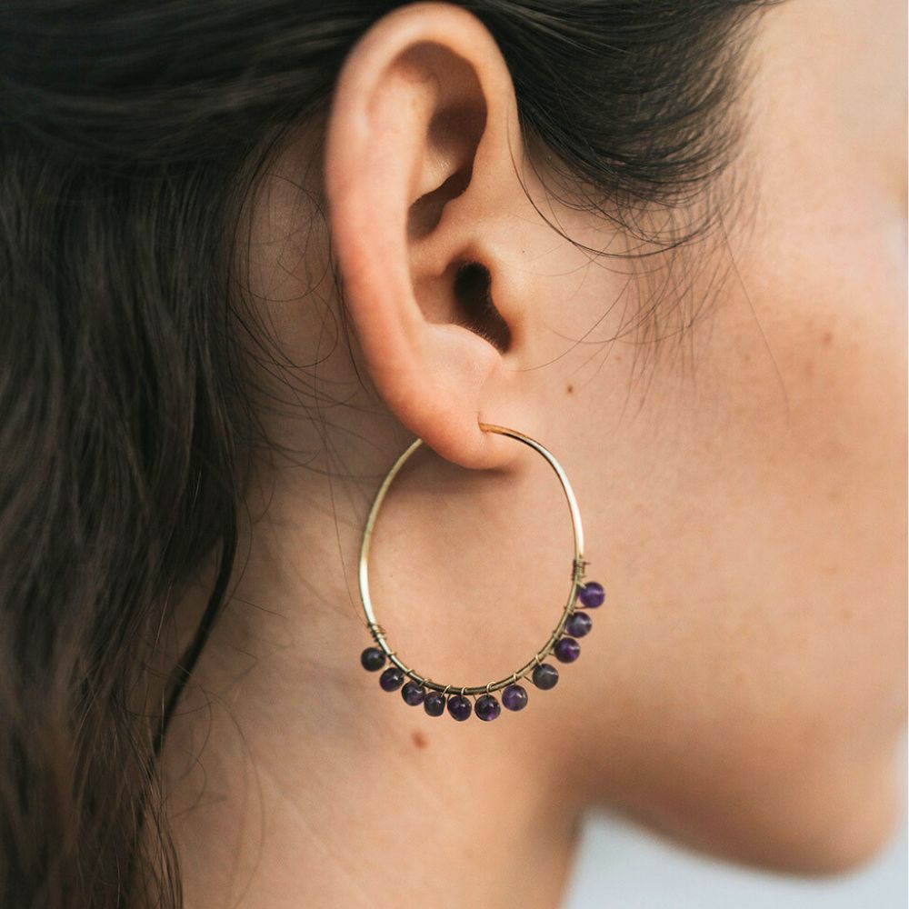 Amethyst Beaded Large Gold Hoop Earrings