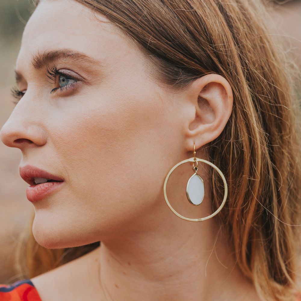 Dhavala Gold Hoop Dangle Earrings - White