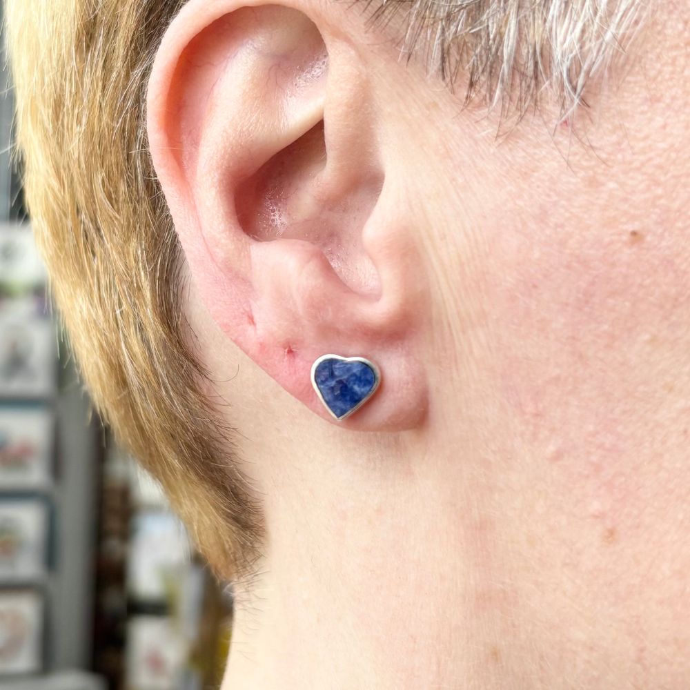 Sterling Silver and Lapis Lazuli Heart Stud Earrings