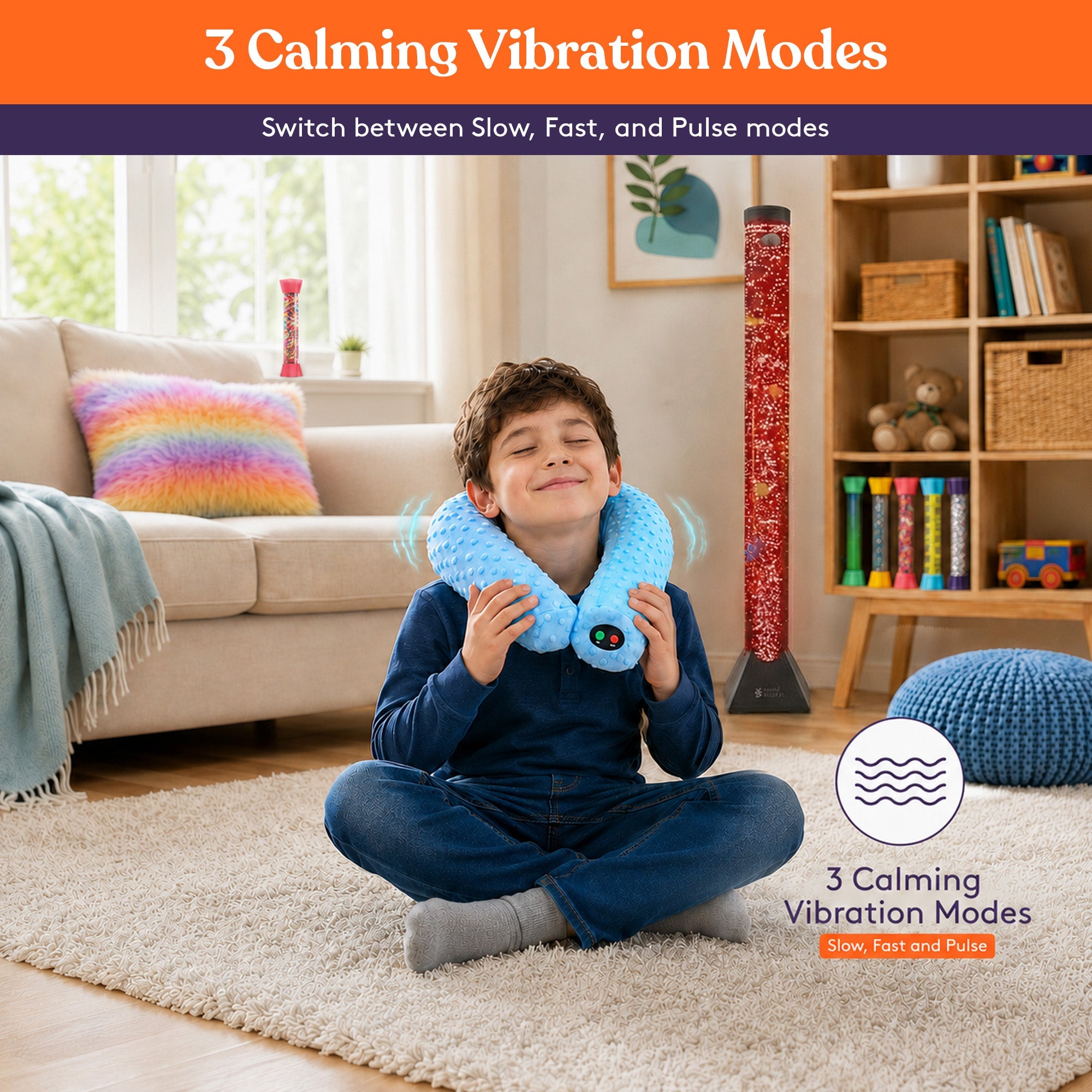 Special Supplies Sensory Vibrating Neck Pillow for Kids and Adults Plush Velvet Soft Cover with Textured Therapy Stimulation, Mind and Body Calming Relaxation- Blue