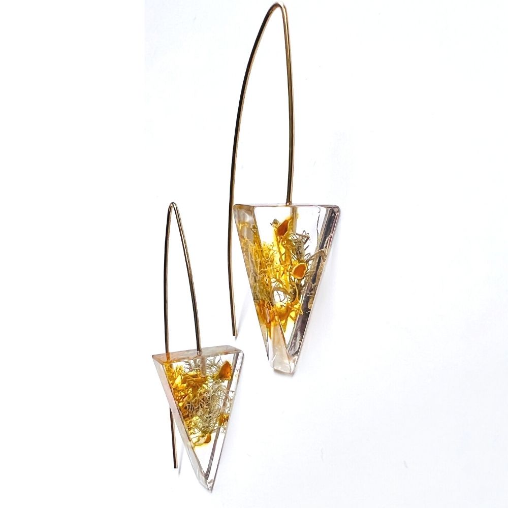 Resin Triangle Earrings with Moss and Lichen