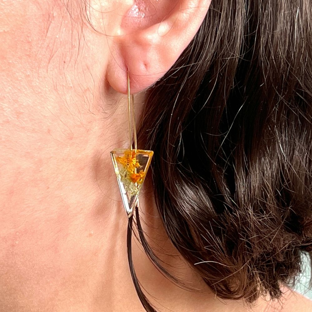 Resin Triangle Earrings with Moss and Lichen
