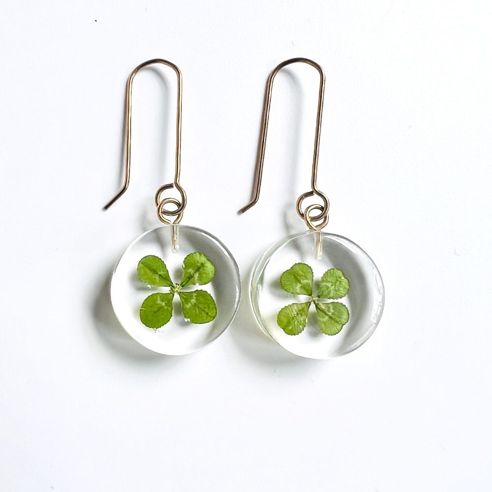 Resin Mini Moon Earrings with Four Leaf Clover