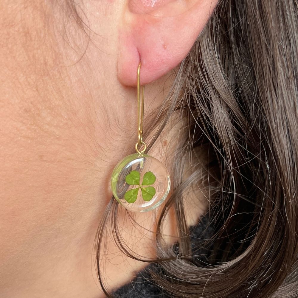 Resin Mini Moon Earrings with Four Leaf Clover