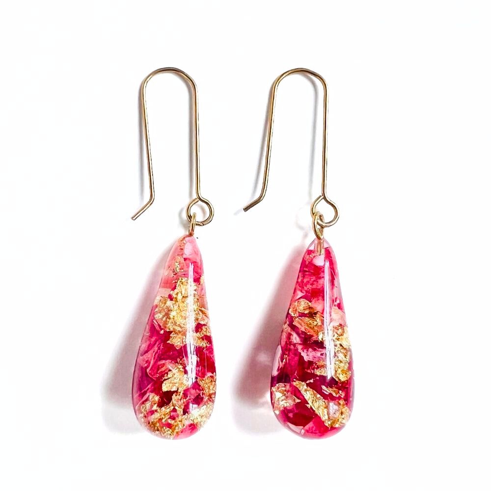 Resin Teardrop Earrings with Rose Petals
