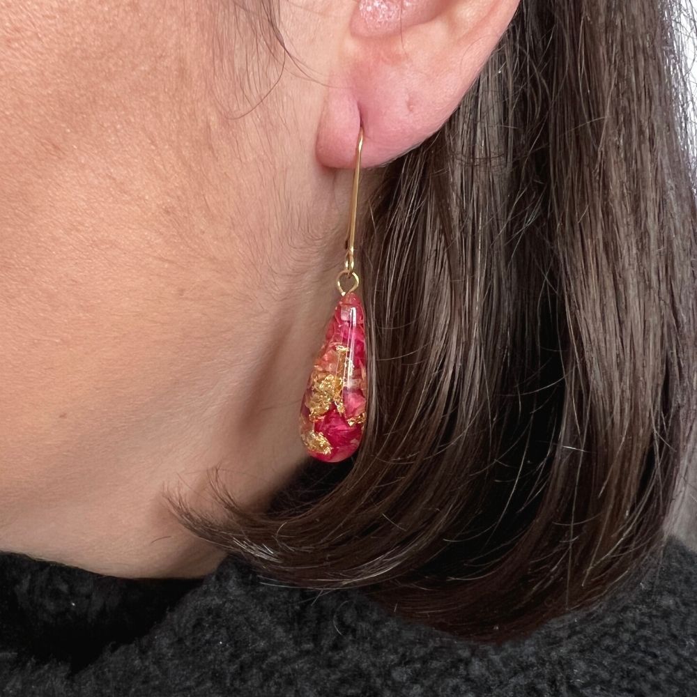 Resin Teardrop Earrings with Rose Petals