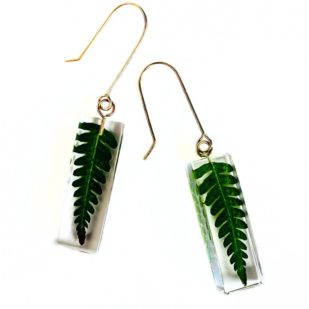 Resin Bar Earrings with Fern