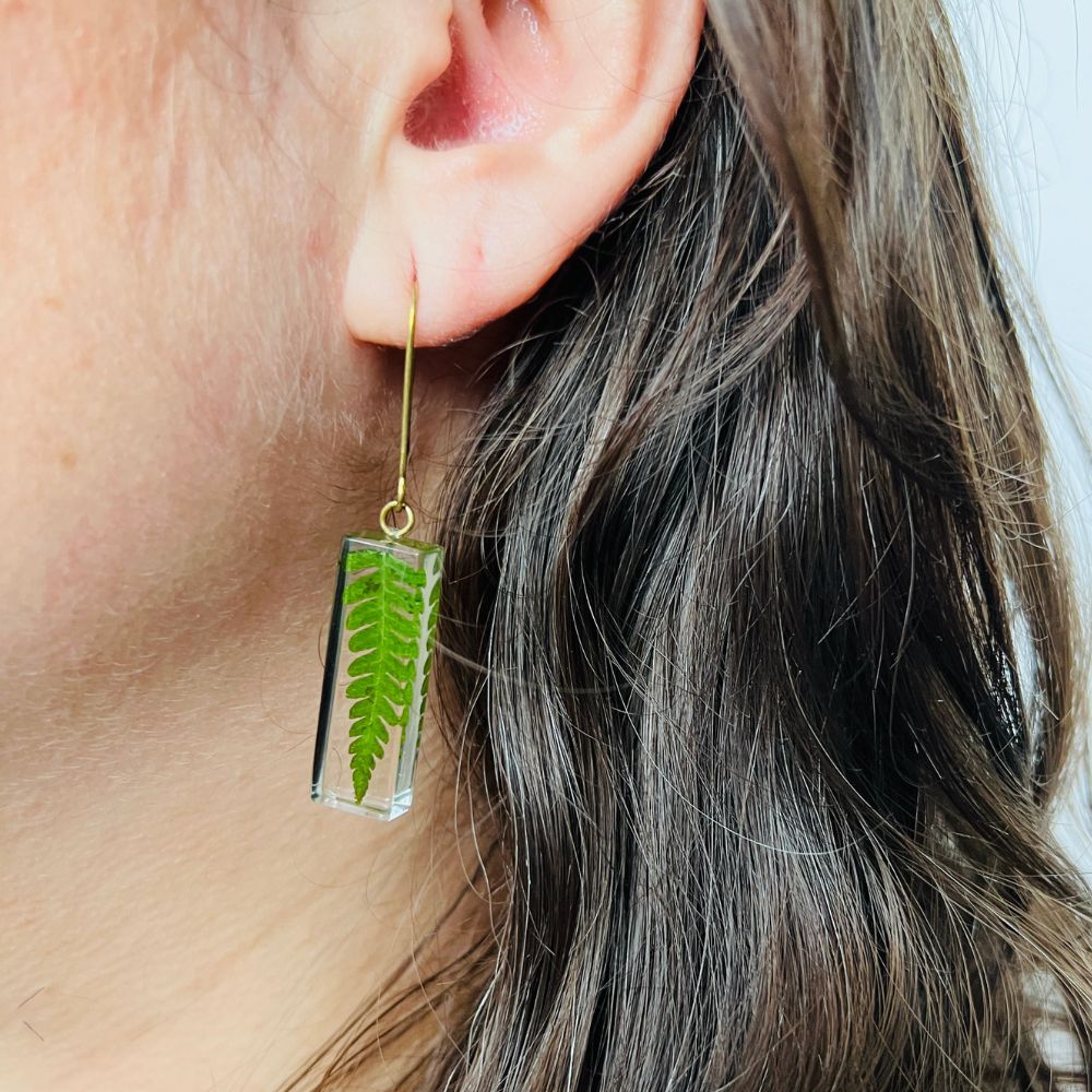 Resin Bar Earrings with Fern