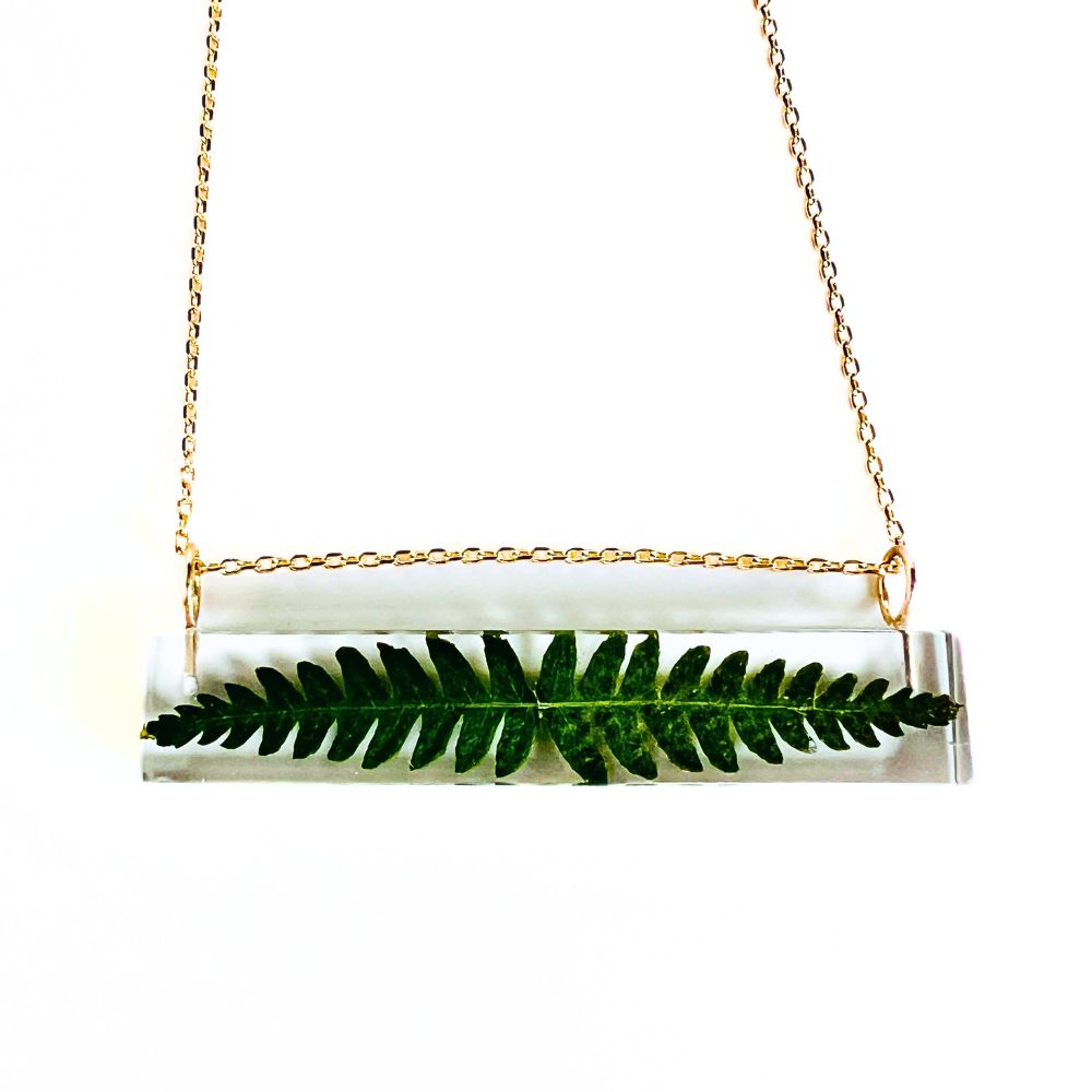 Resin Bar Pendant Necklace with Fern