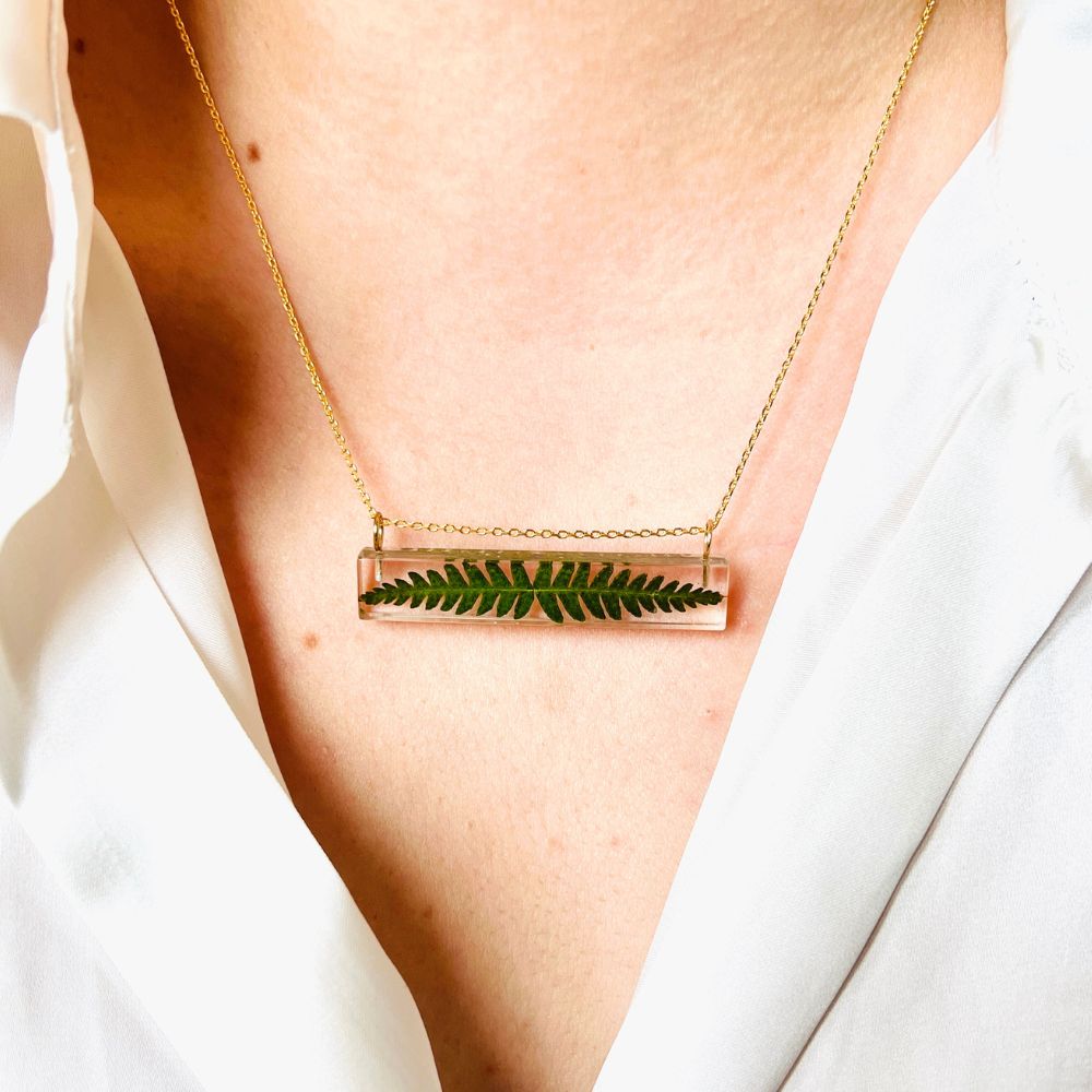 Resin Bar Pendant Necklace with Fern