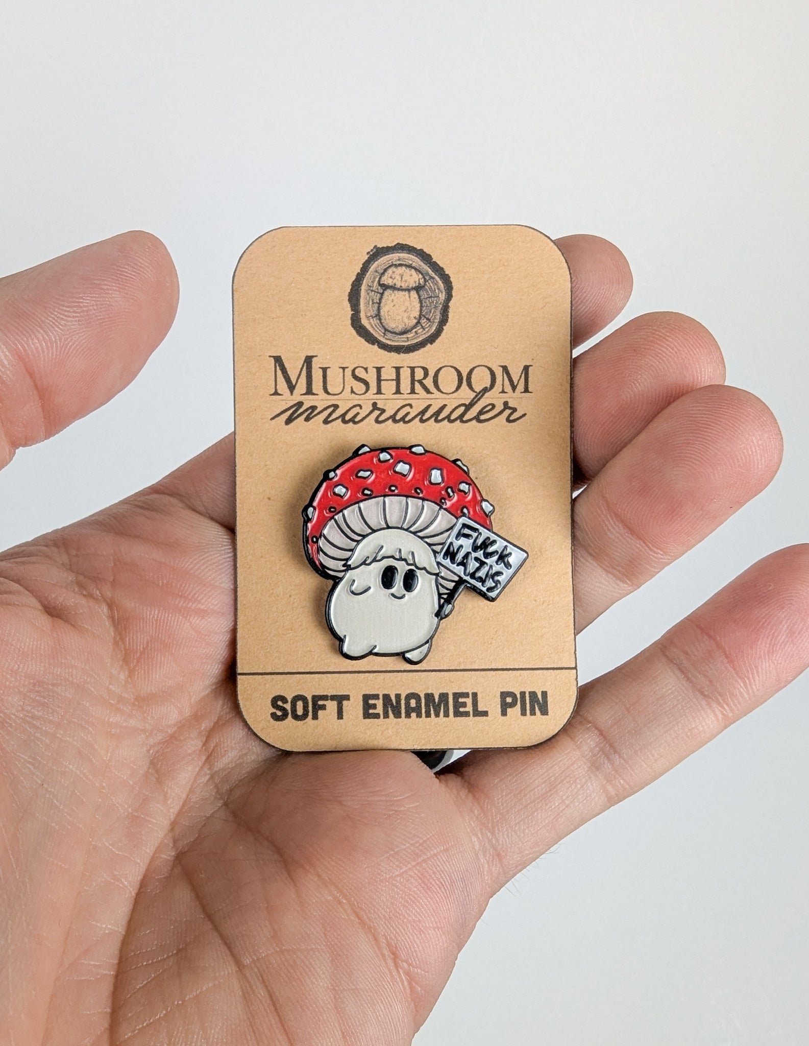 Fuck Nazis Picketing Amanita Mushroom | Soft Enamel Pin
