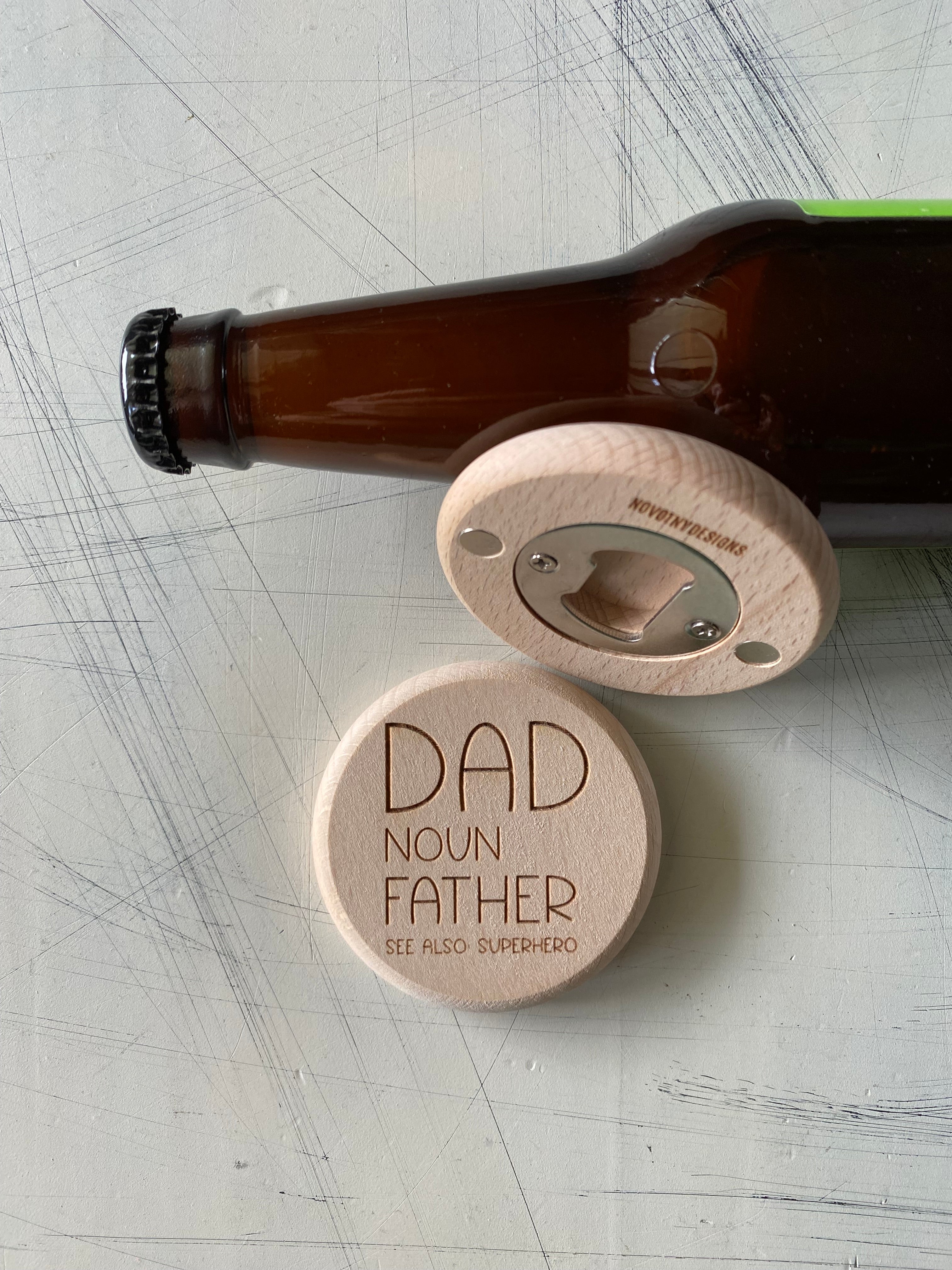 Dad. Noun. Father. See also: superhero - magnetic wood bottle opener