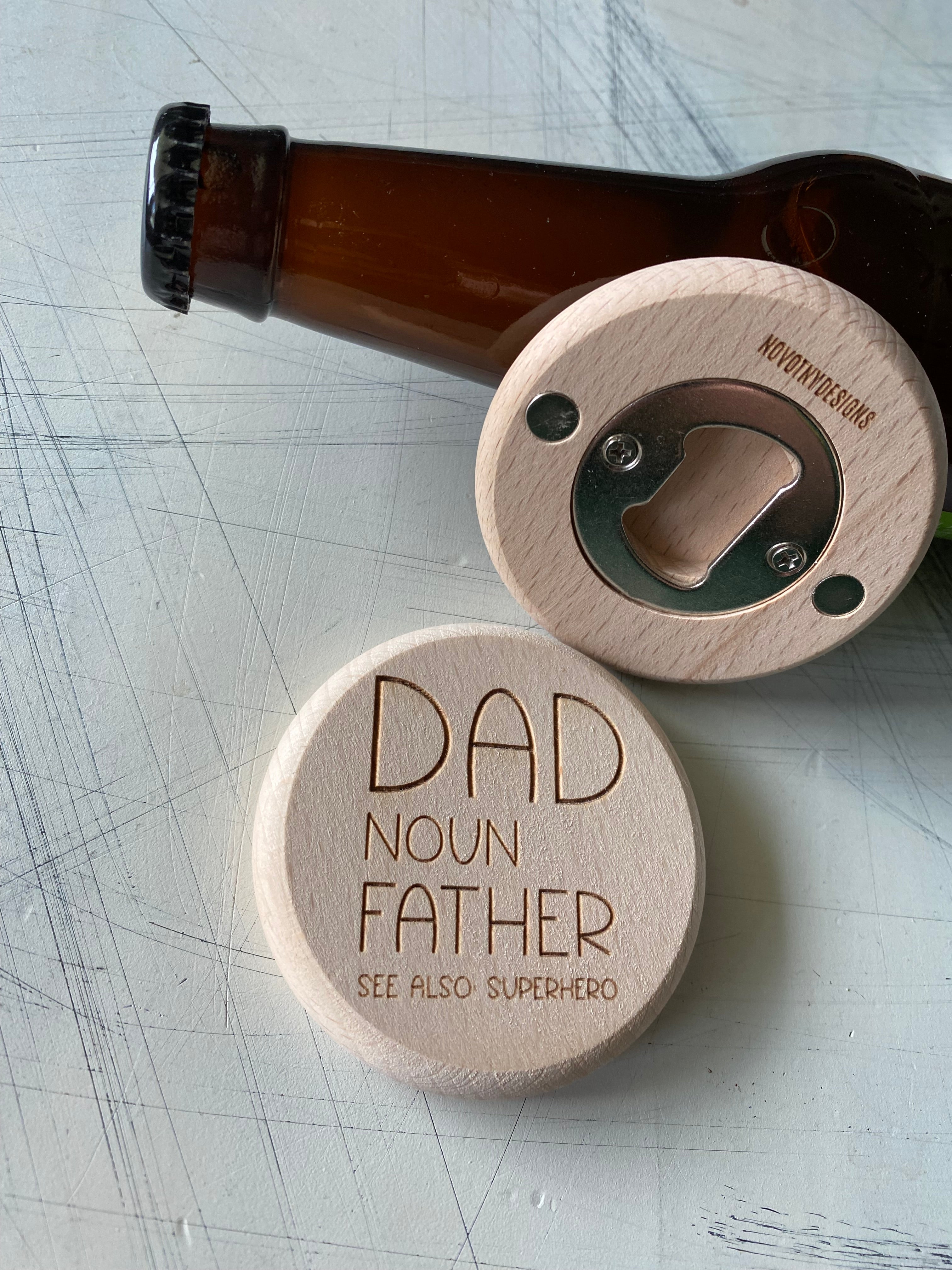 Dad. Noun. Father. See also: superhero - magnetic wood bottle opener
