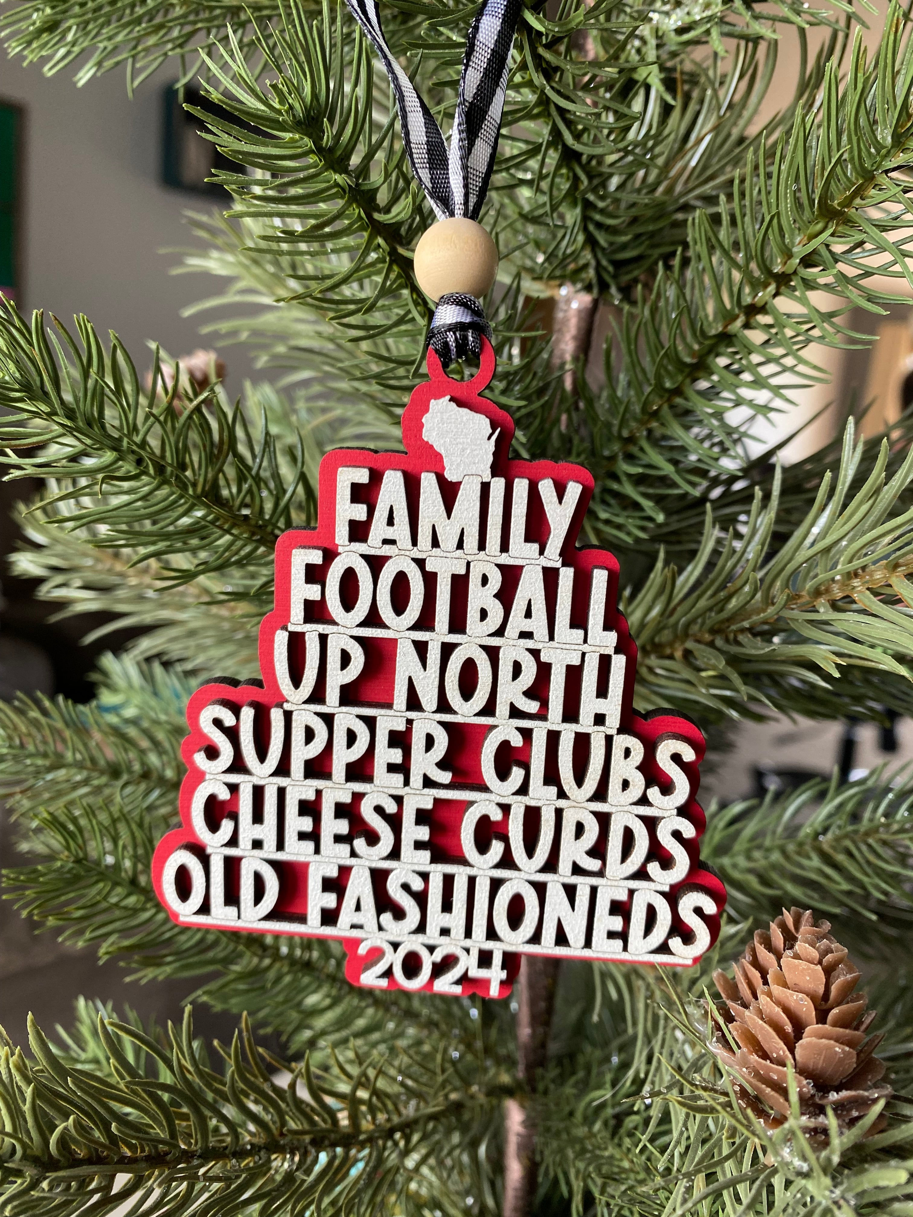 Wisconsin tree-shaped favorite things ornament - red