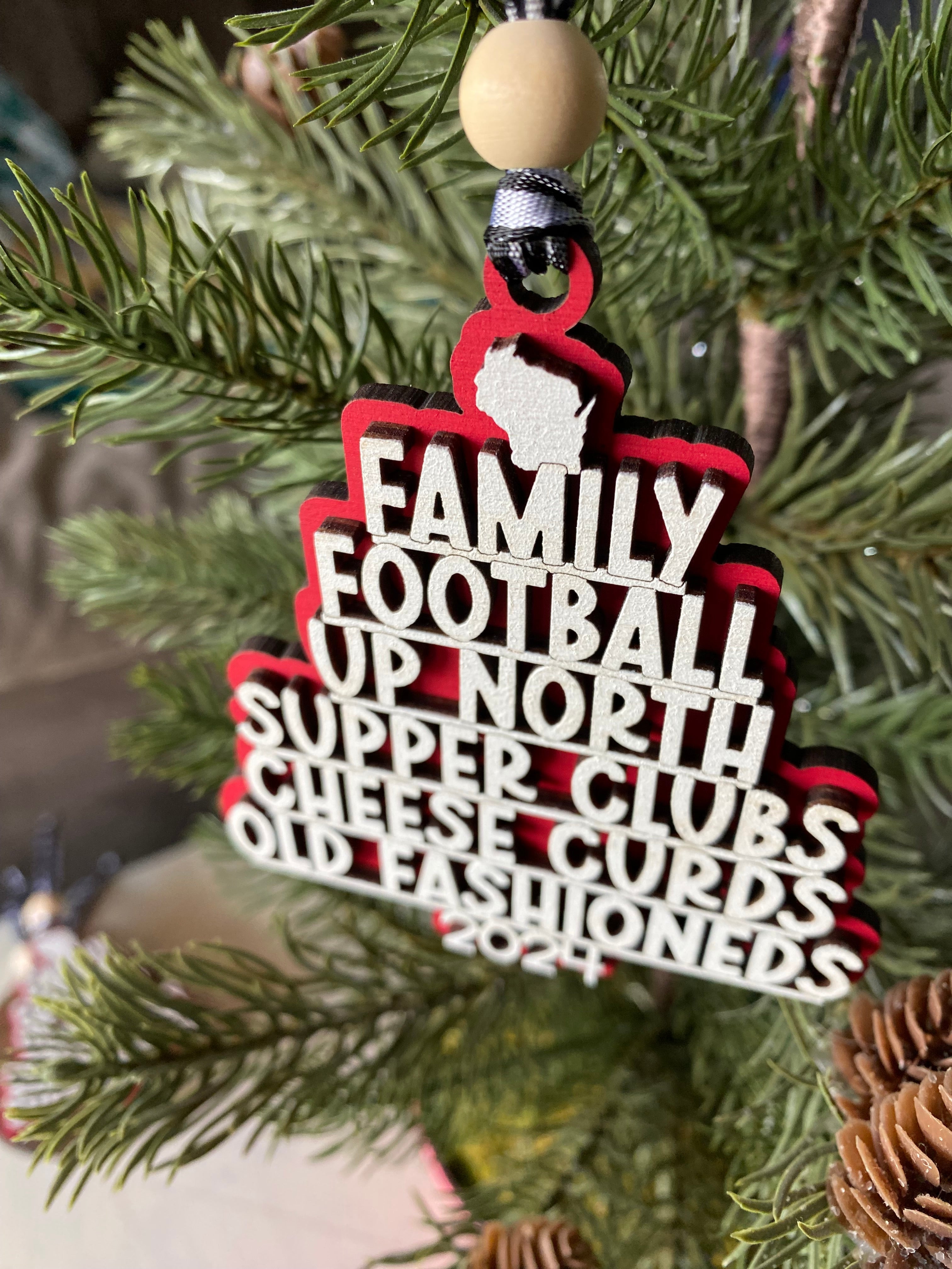 Wisconsin tree-shaped favorite things ornament - red