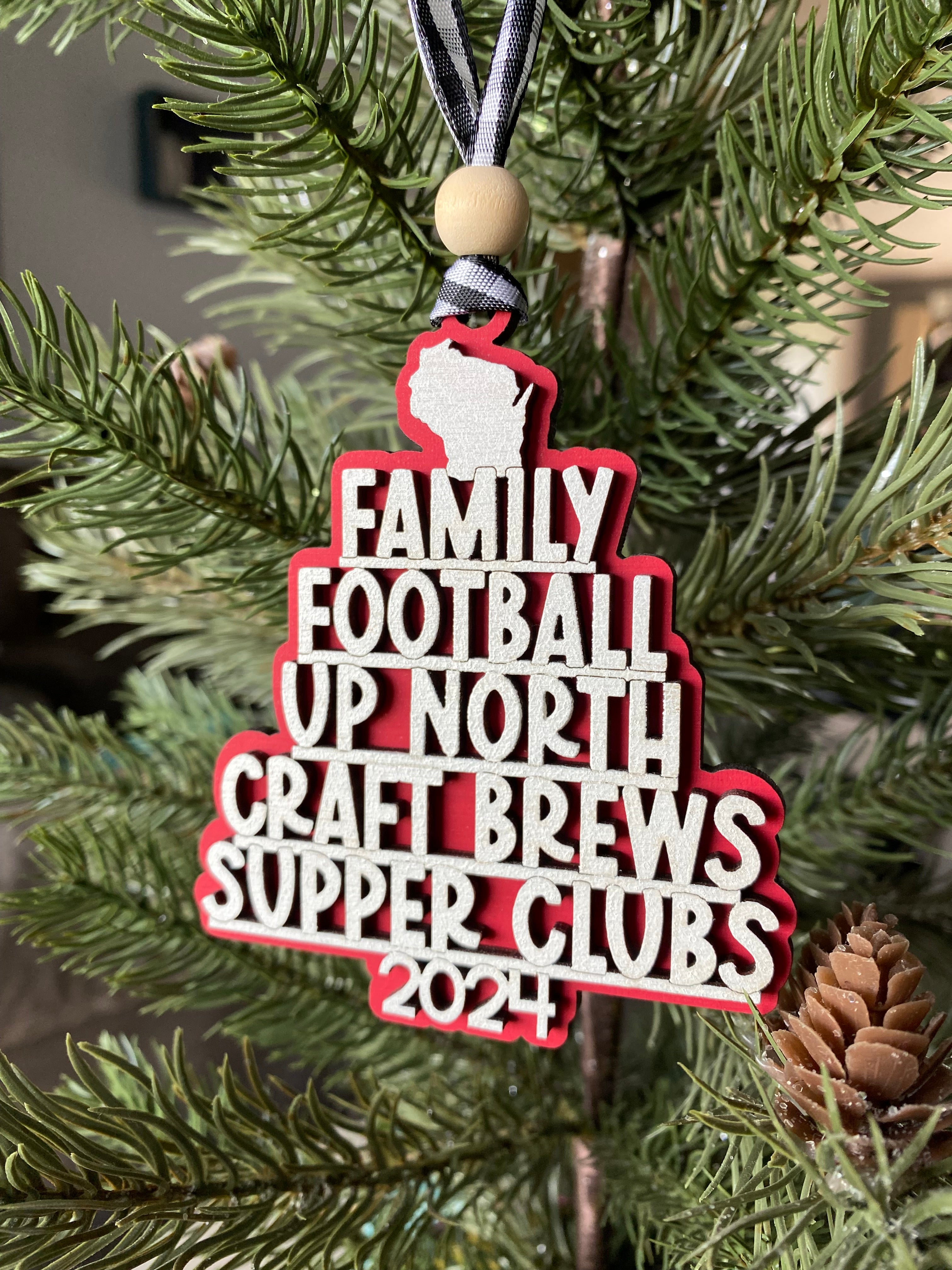 Handmade Wisconsin favorite things word ornament - red