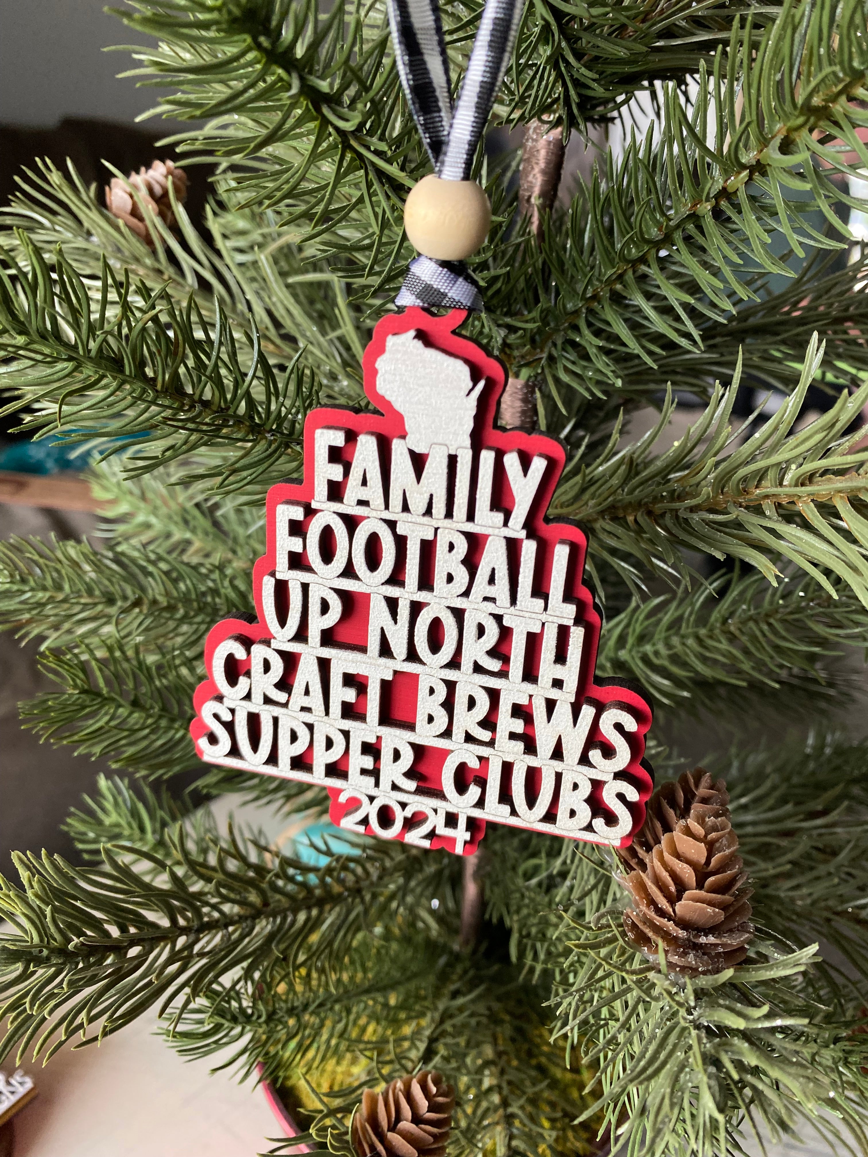 Handmade Wisconsin favorite things word ornament - red