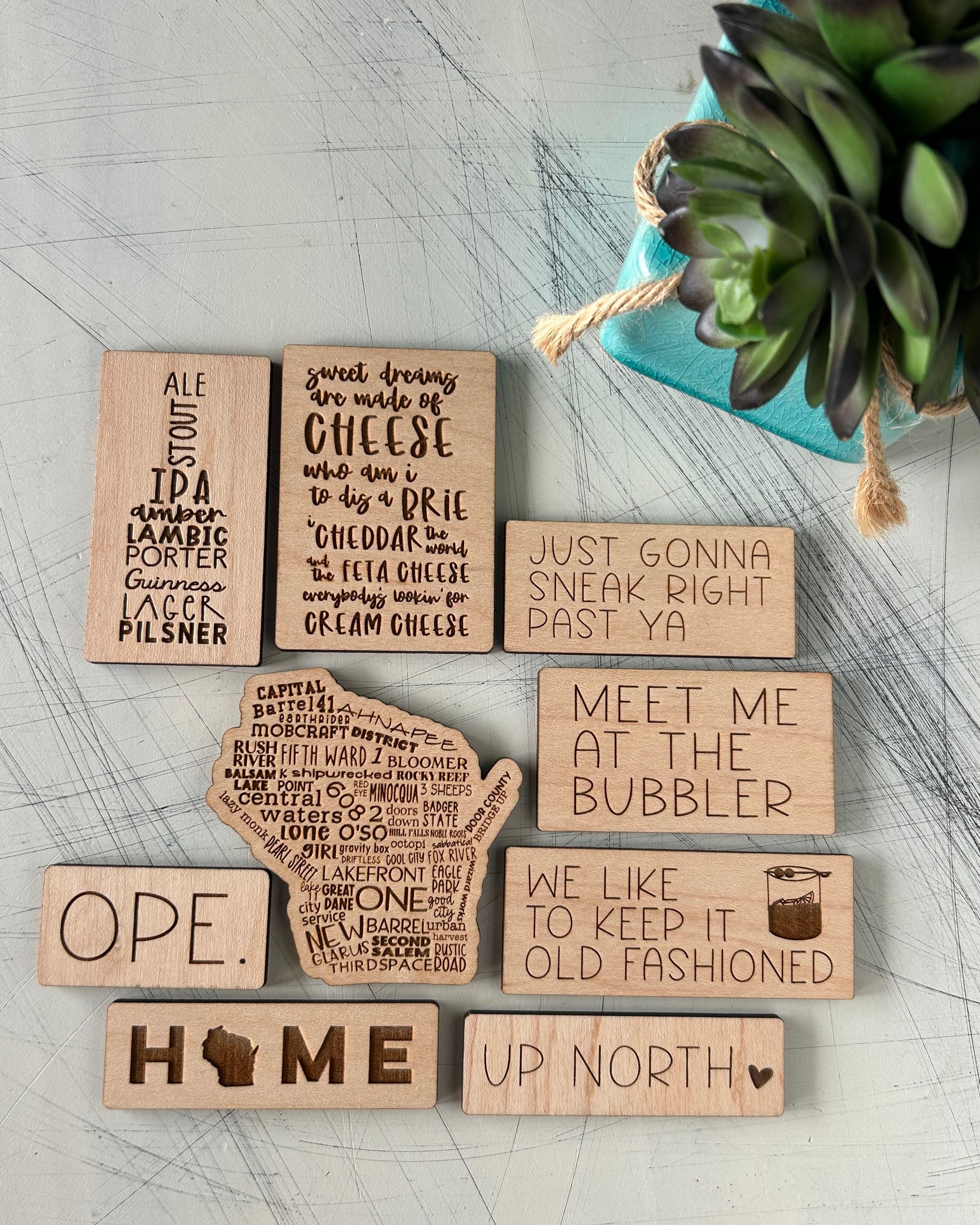 Wisconsin themed maple wood refrigerator magnet set of 9