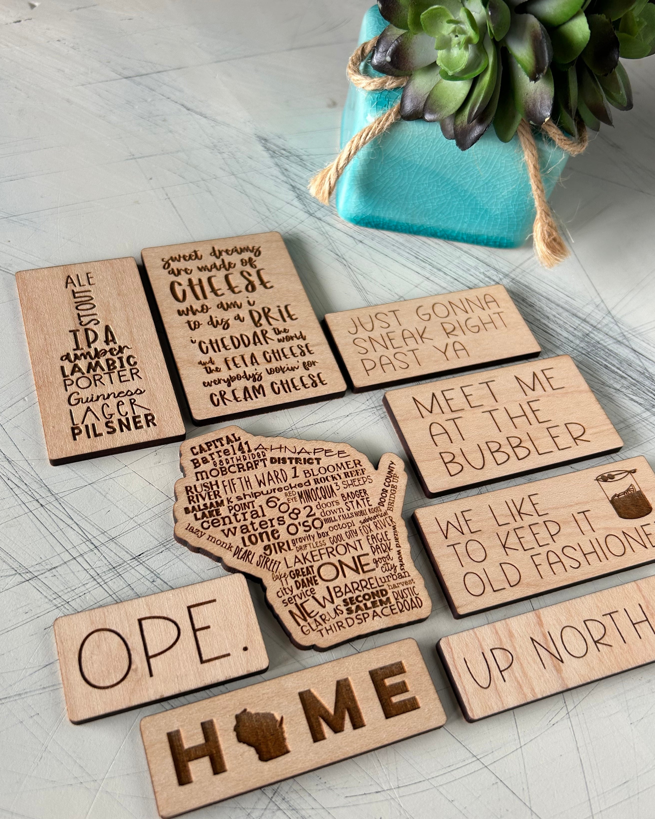 Wisconsin themed maple wood refrigerator magnet set of 9