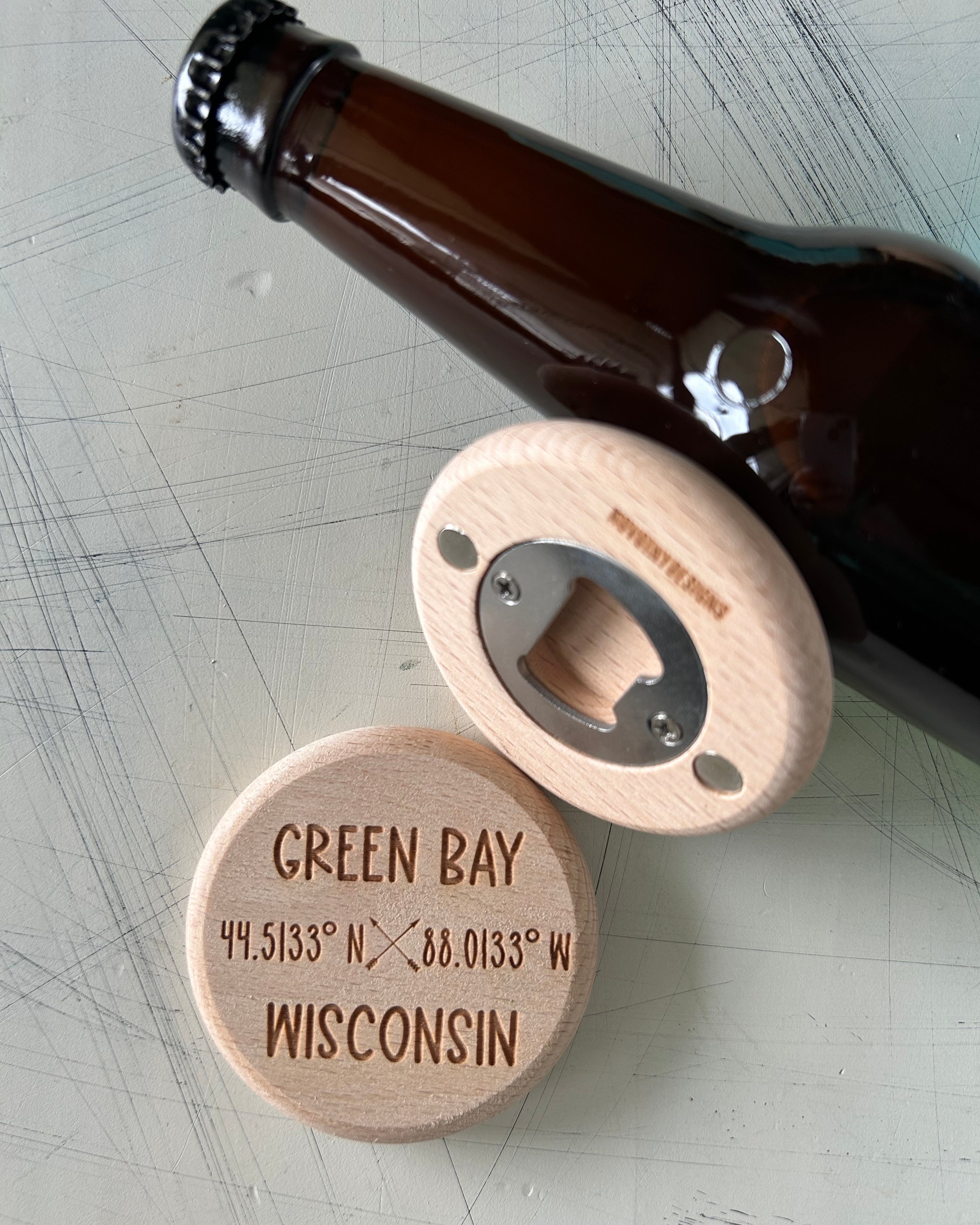 Customized city coordinates wood bottle opener