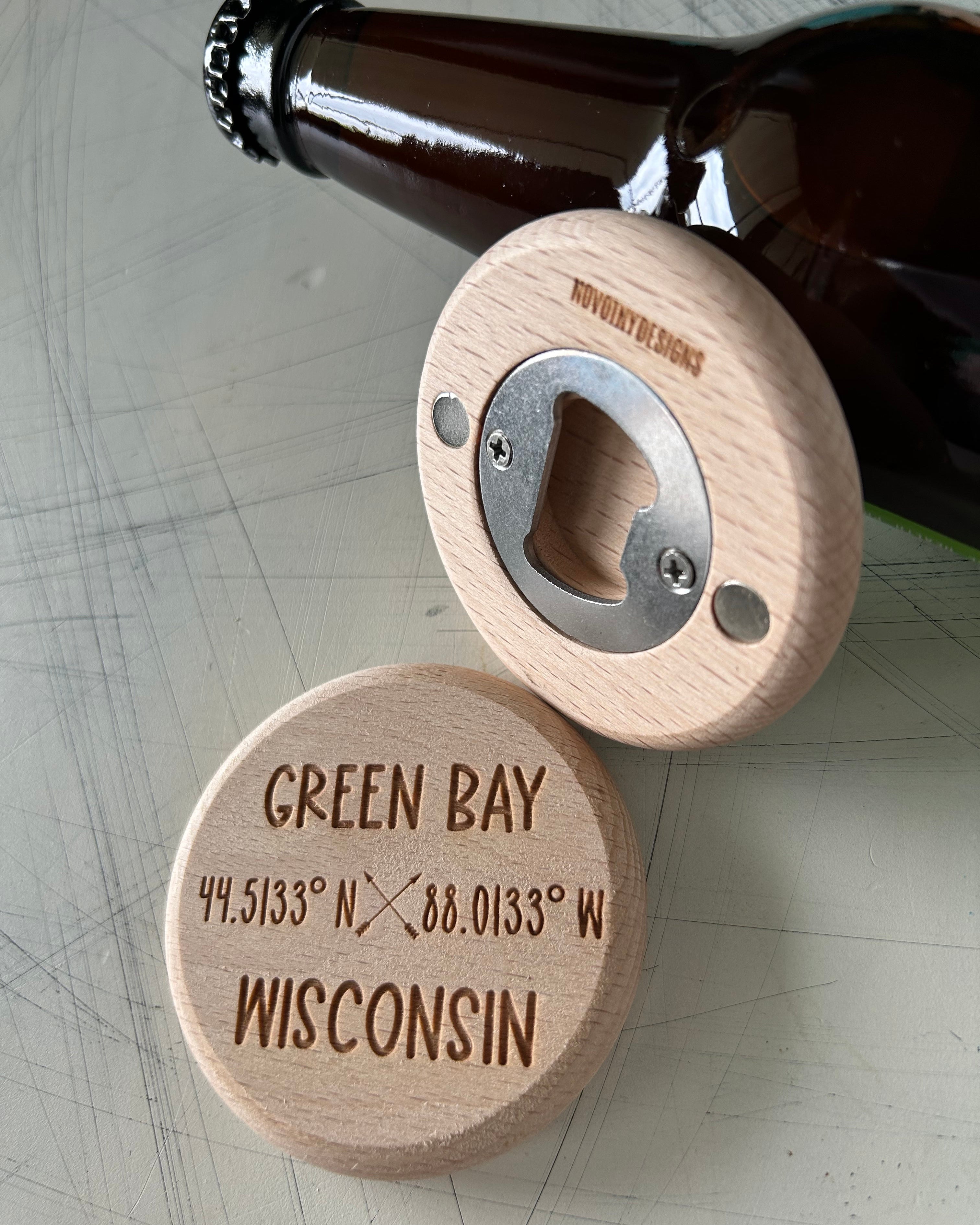 Customized city coordinates wood bottle opener
