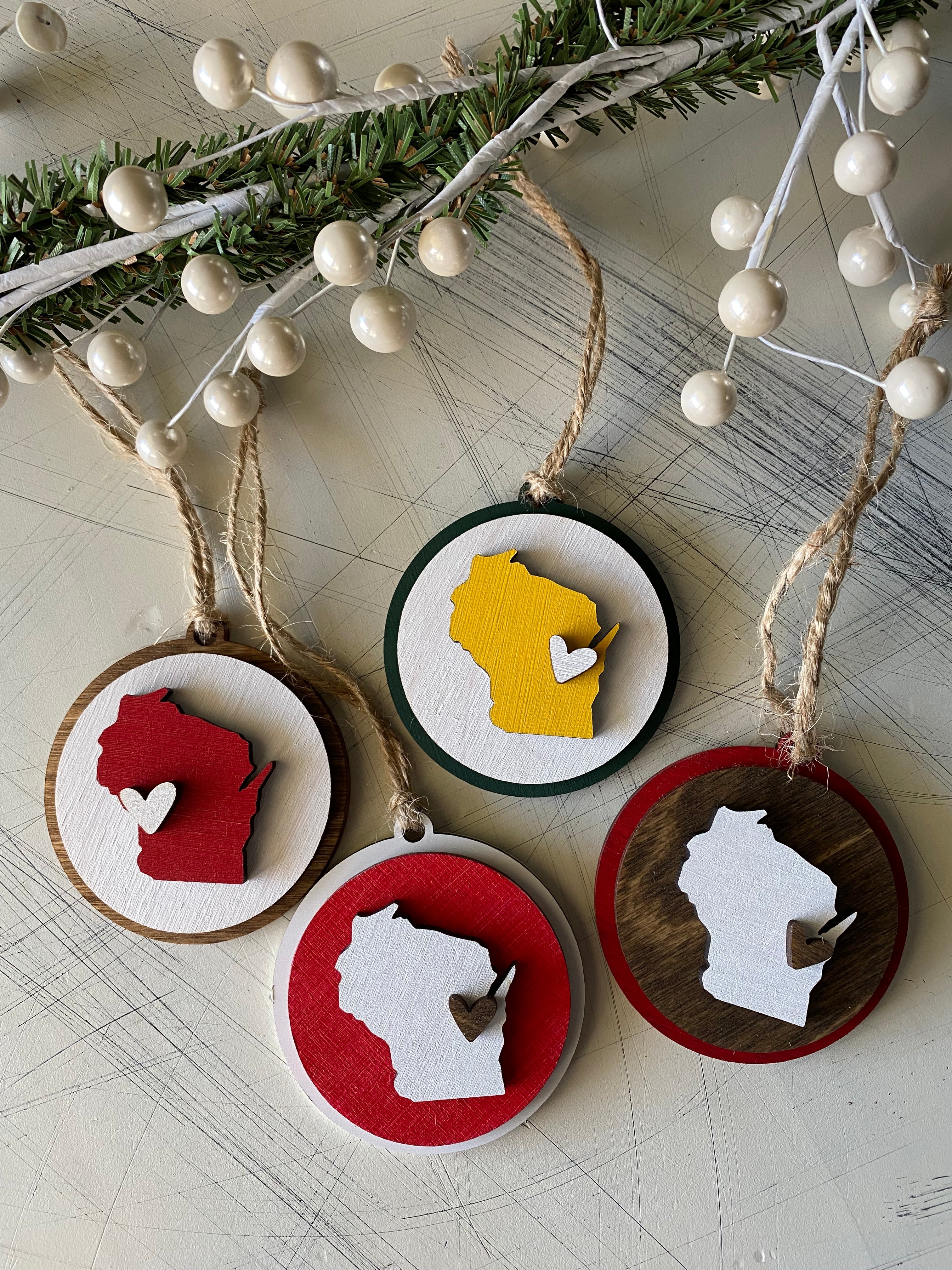 Handmade Wisconsin round ornament with heart - customizable!