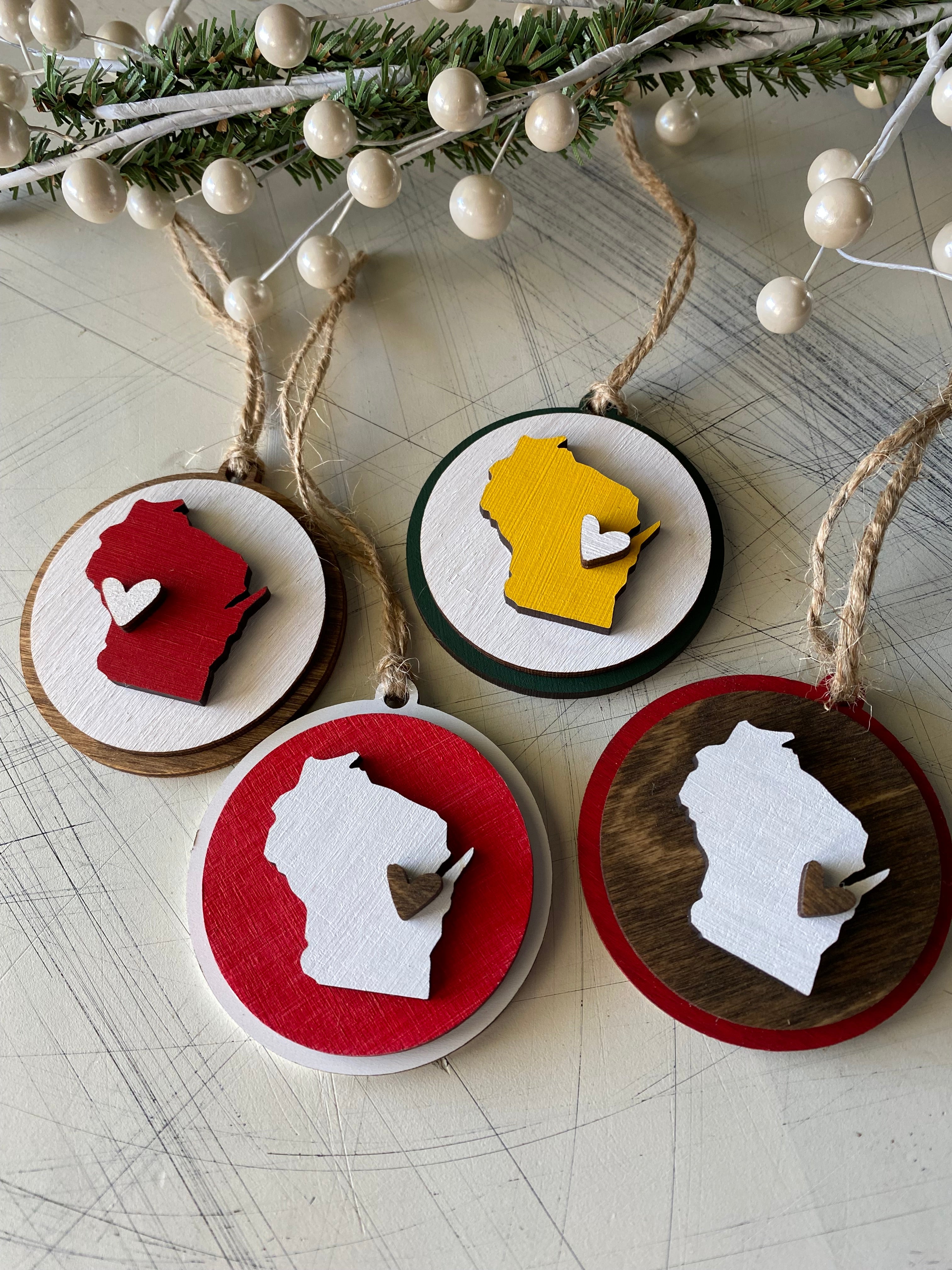 Handmade Wisconsin round ornament with heart - customizable!