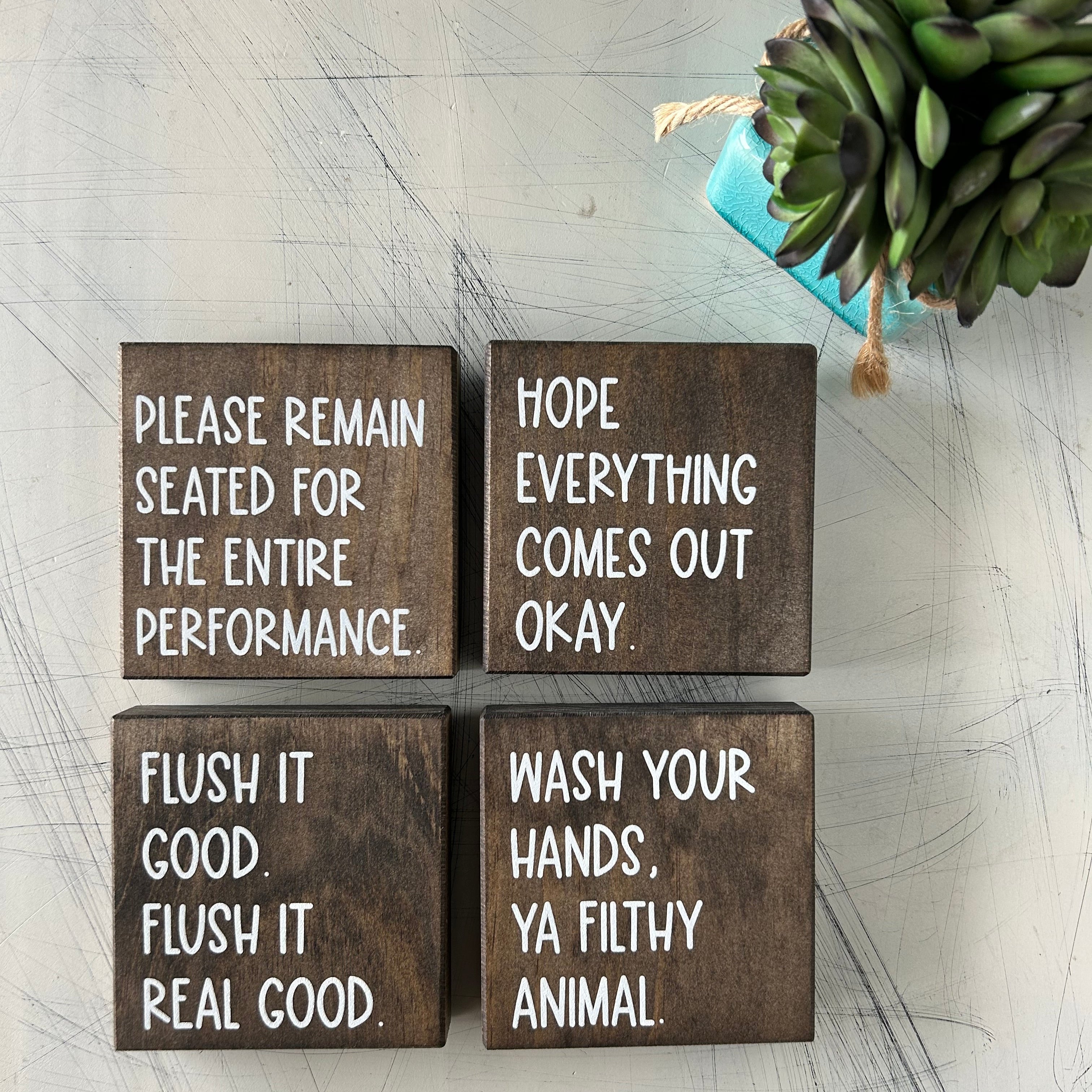 Funny Bathroom Sign Decor - Set of 4 Wood Signs