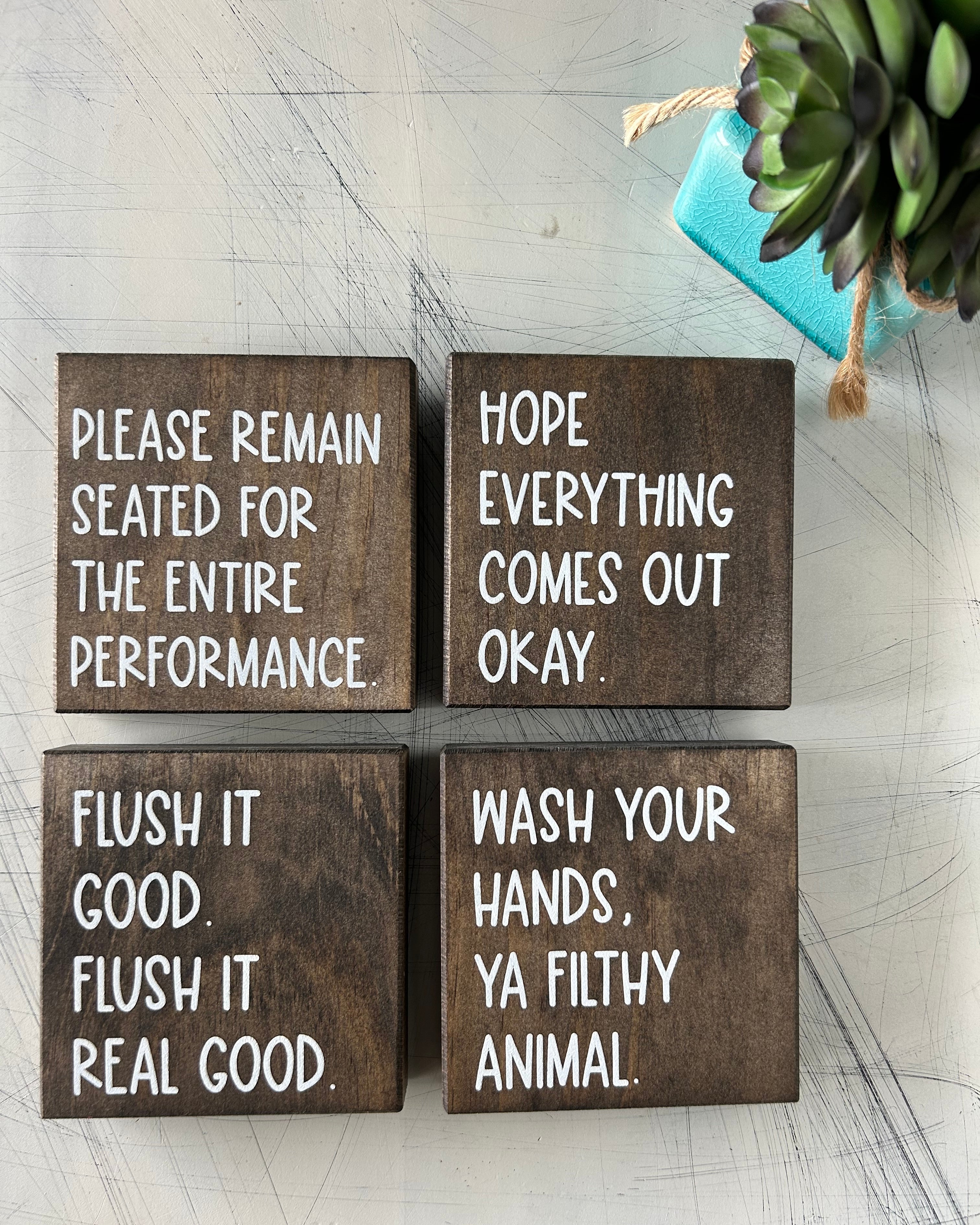 Funny Bathroom Sign Decor - Set of 4 Wood Signs
