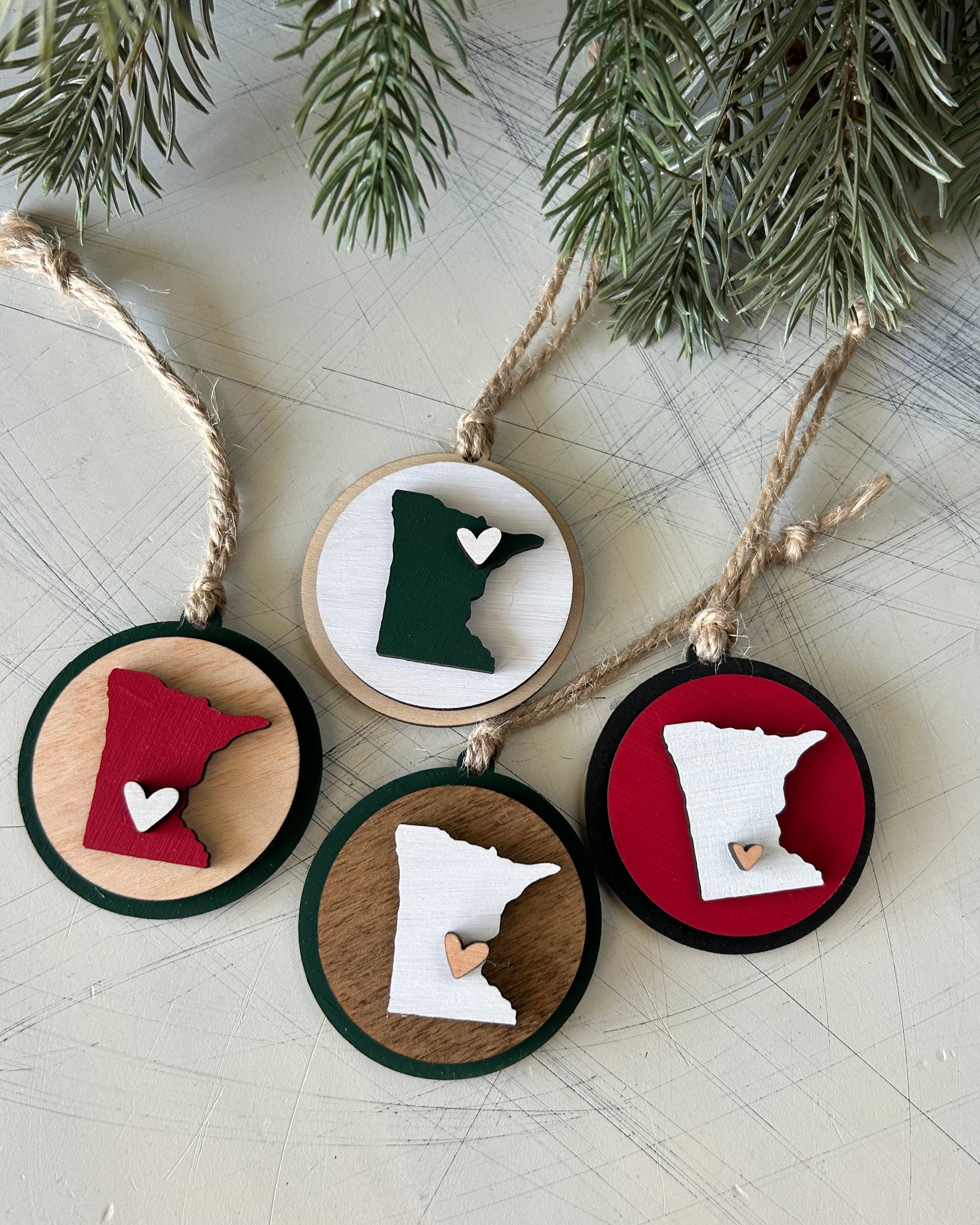 Handmade Minnesota round ornament with heart - customizable!