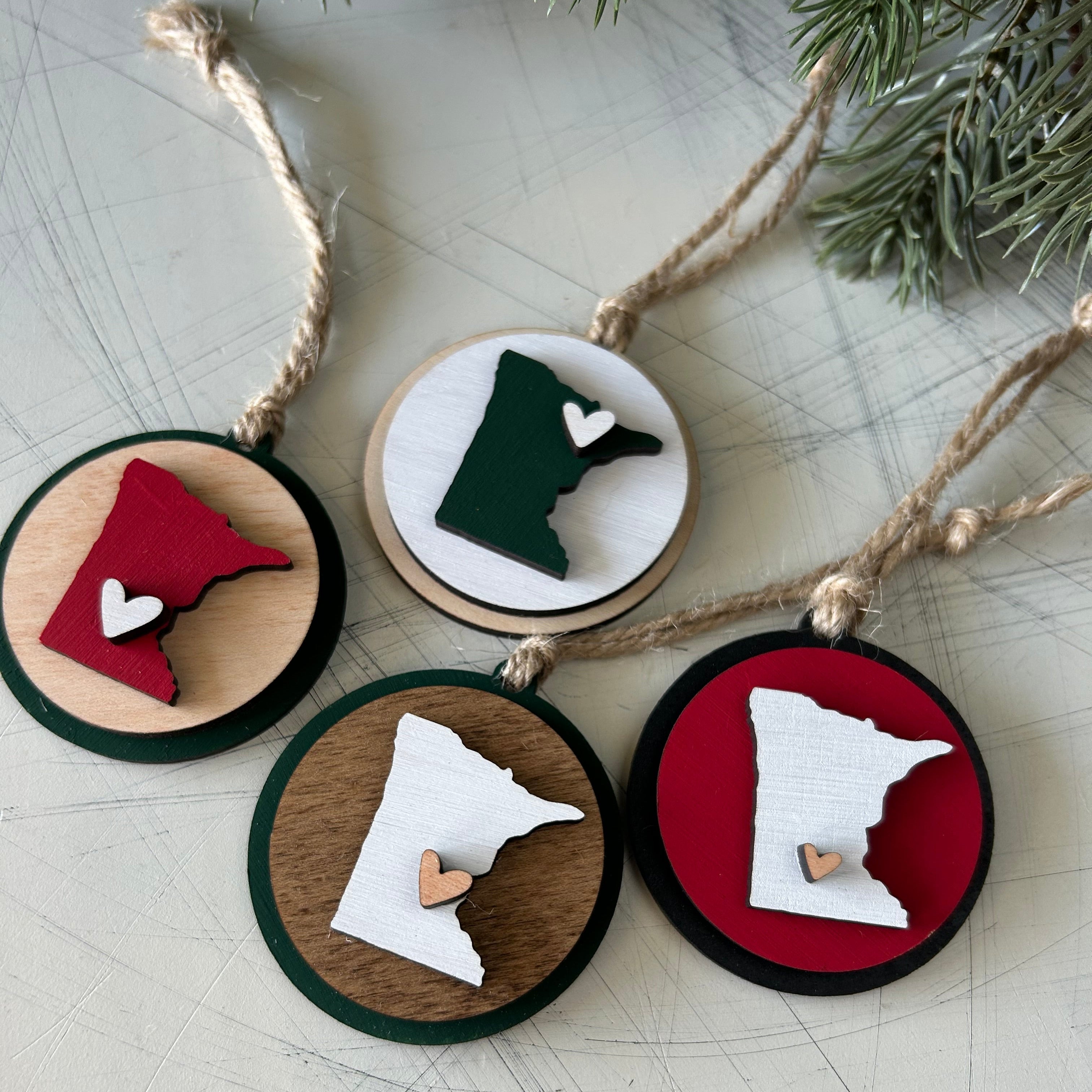 Handmade Minnesota round ornament with heart - customizable!