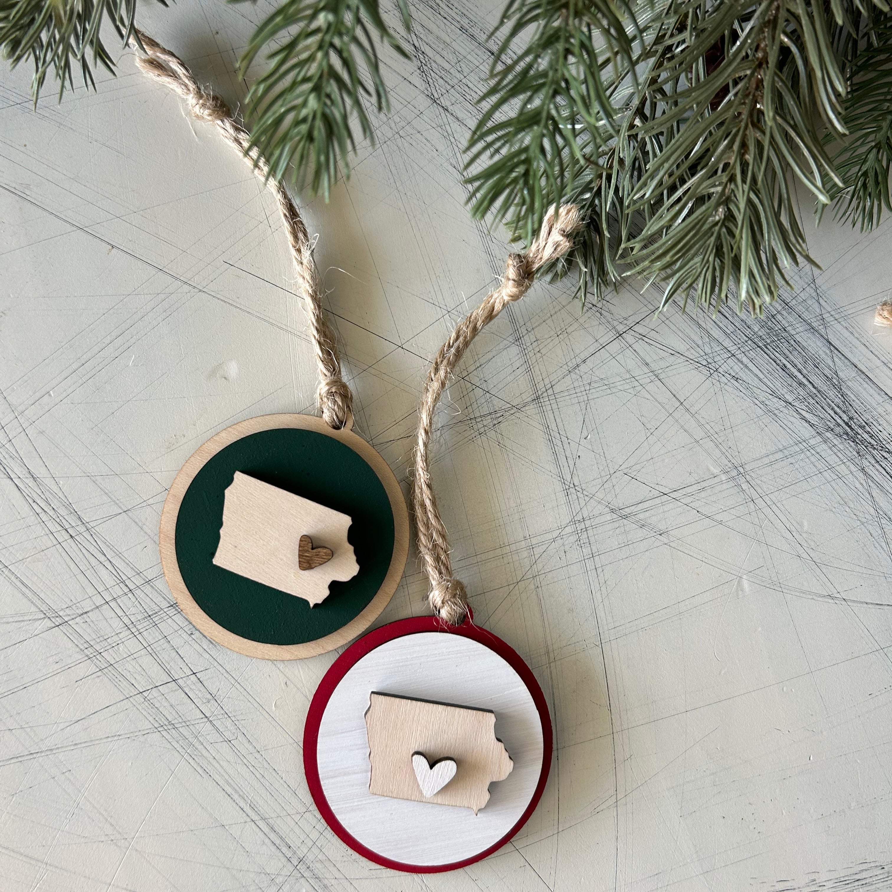 Handmade Iowa round ornament with heart - customizable!