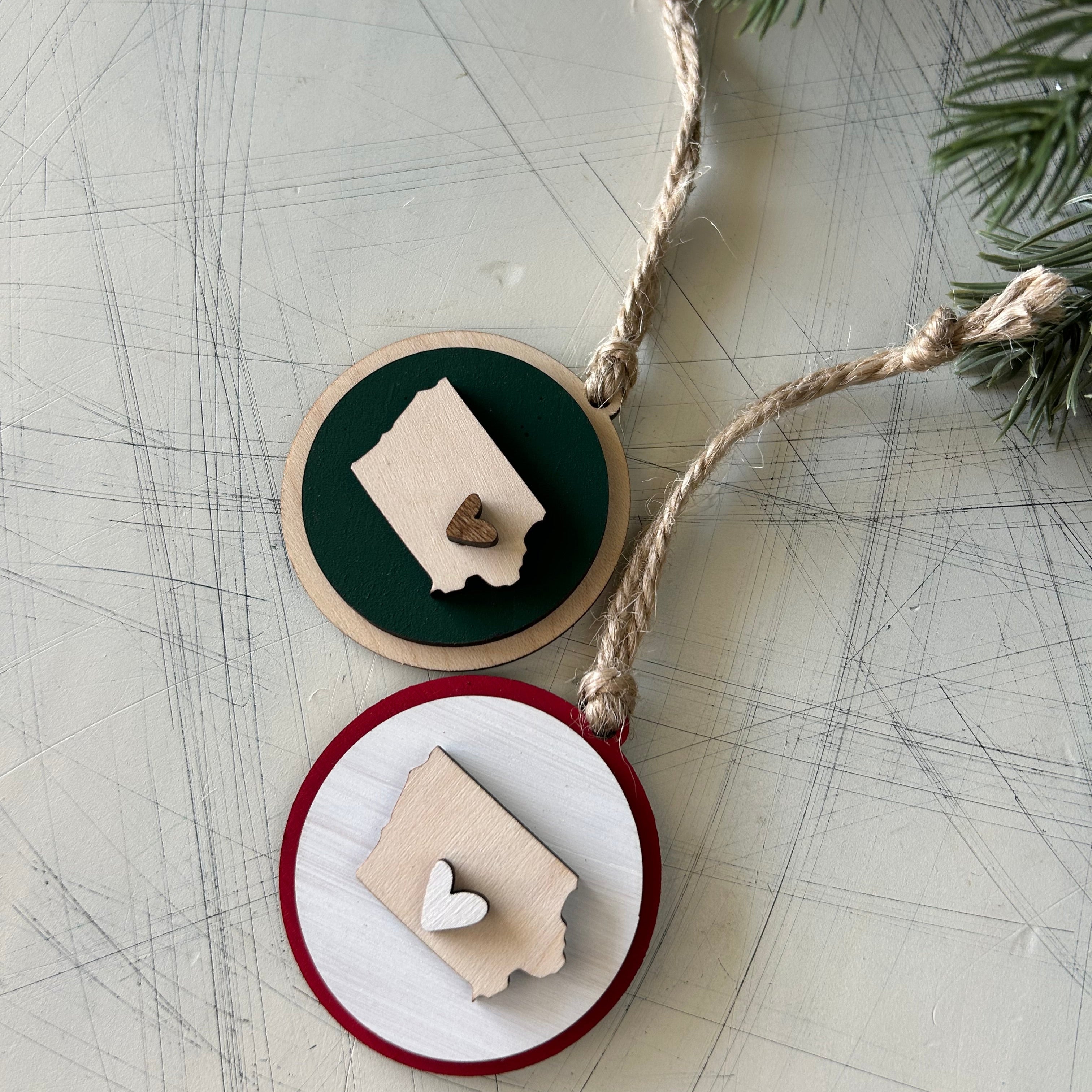 Handmade Iowa round ornament with heart - customizable!