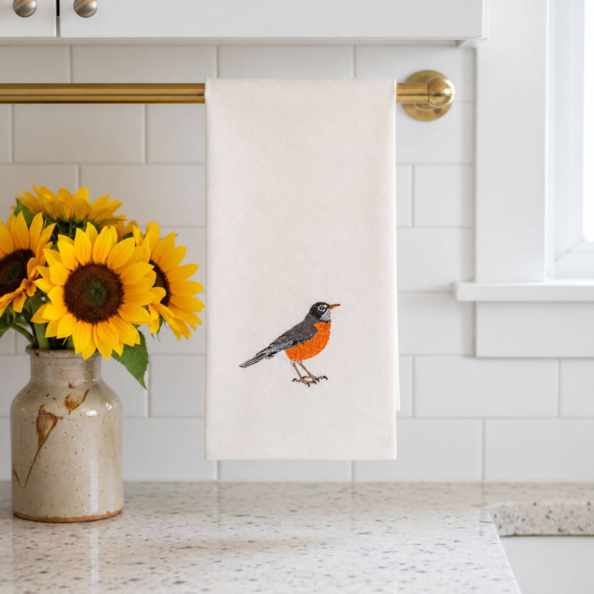 Bird Embroidered Cotton Tea Towels - Handmade Kitchen Gift
