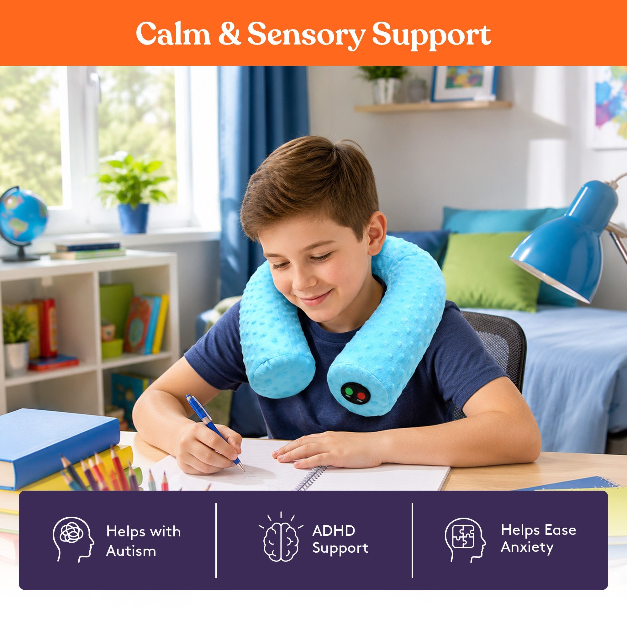 Special Supplies Sensory Vibrating Neck Pillow for Kids and Adults Plush Velvet Soft Cover with Textured Therapy Stimulation, Mind and Body Calming Relaxation- Blue