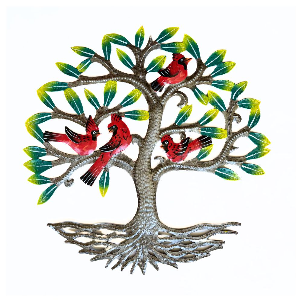 Painted Tree of Life with Cardinals Metal Wall Art 14"