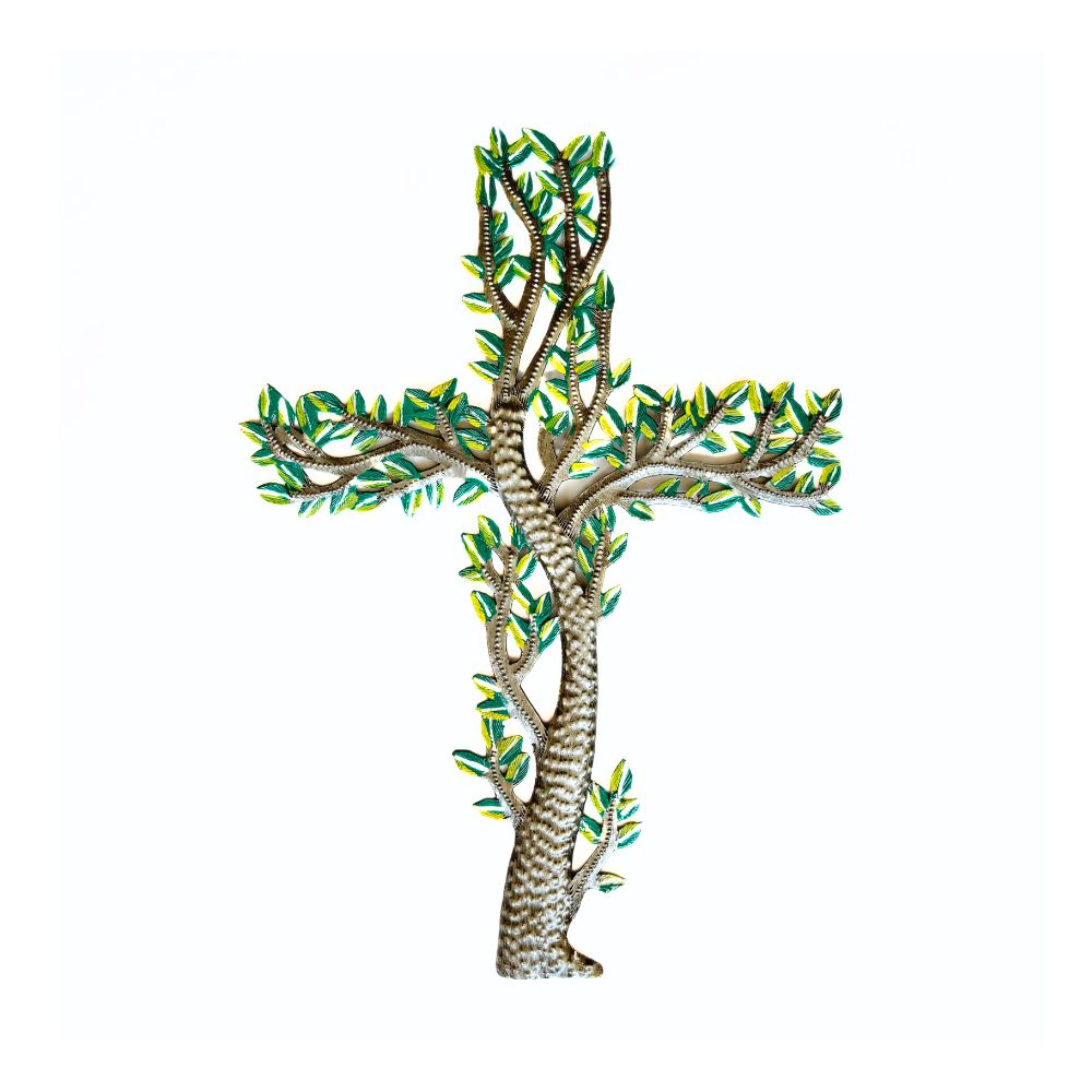 Painted Metal Cross with Branches and Leaves