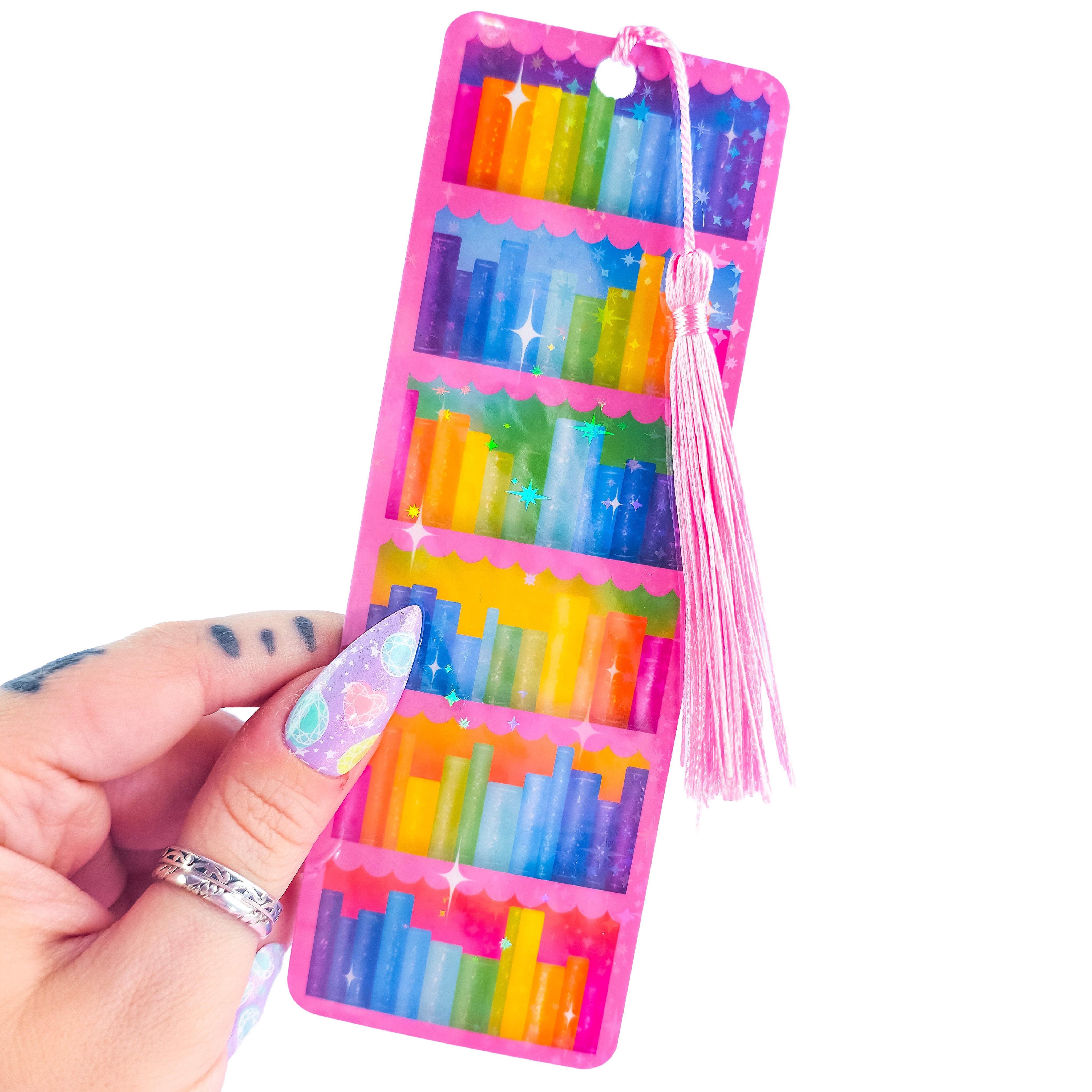 Pink Bookcase Holographic Bookmark – Rainbow Bookshelf Design, Book Lover Gift