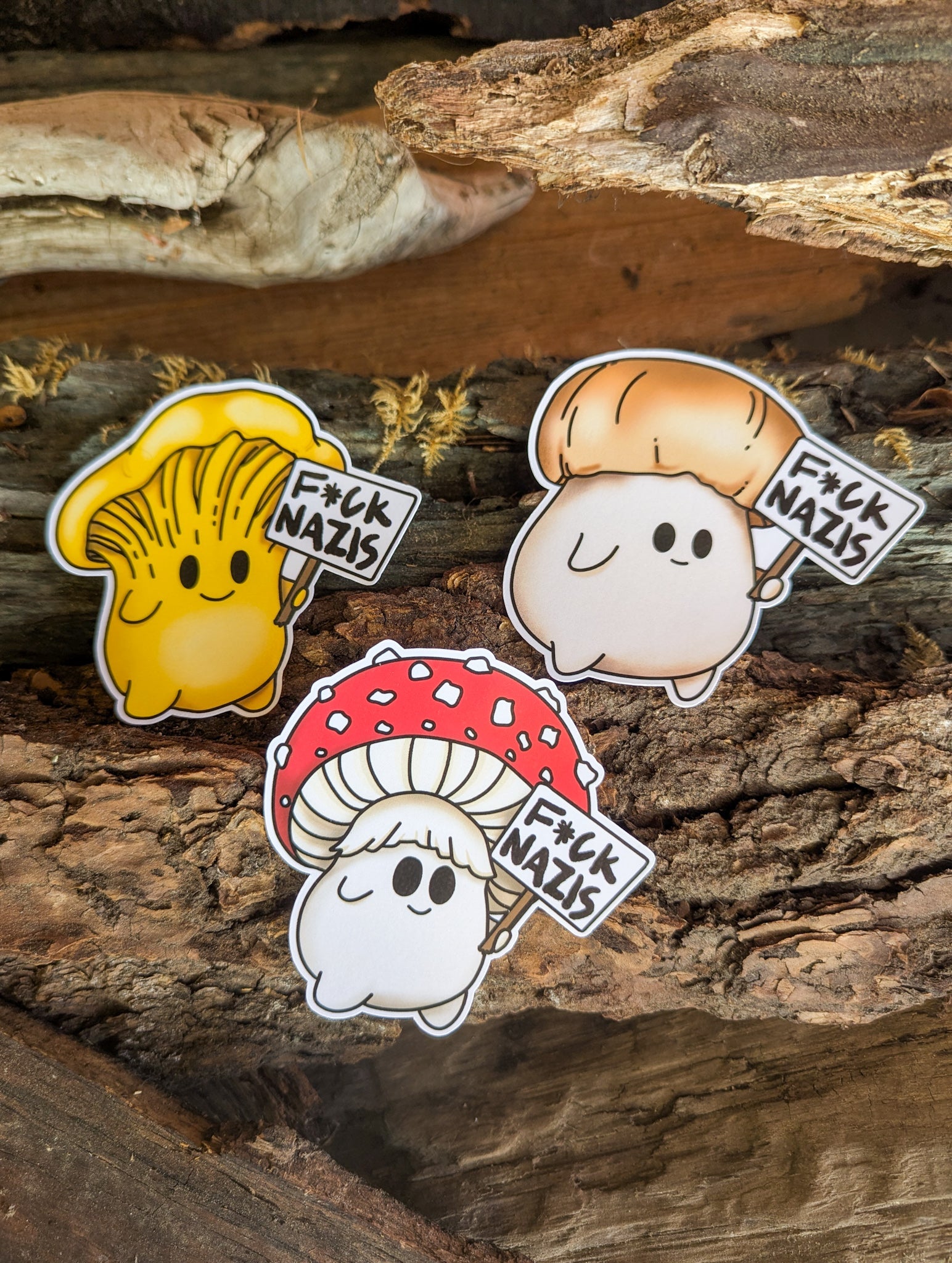 "F*ck Nazis" Mushroom Sticker Trio (censored) | Chanterelle, Amanita and Porcini Mushrooms Holding Picket Signs