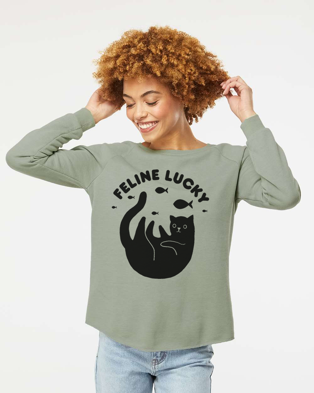 Women's Feline Lucky Crewneck Cat Lover Sweatshirt