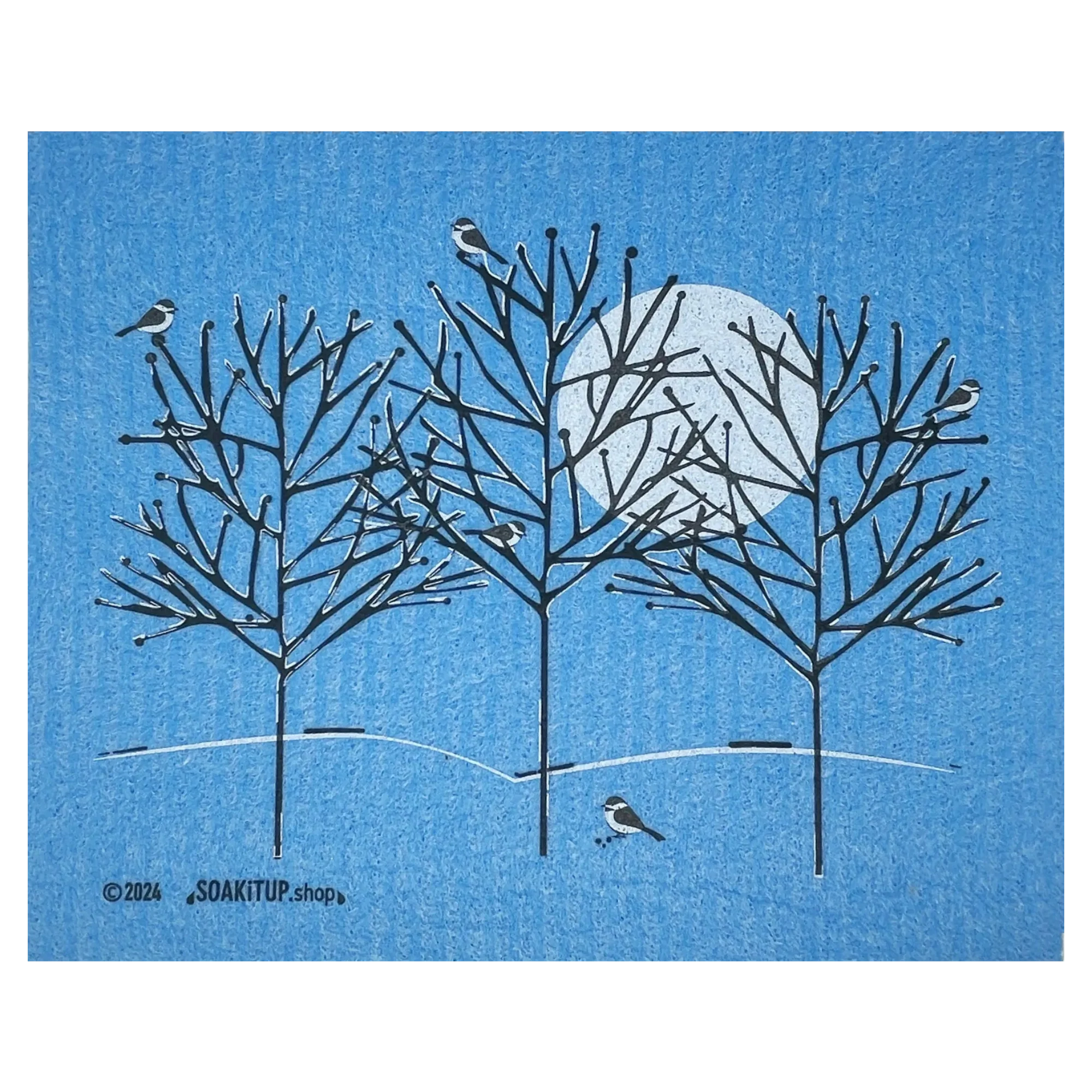 Five Chickadees on Frosted Branches Swedish Dishcloth | Soak iT Up
