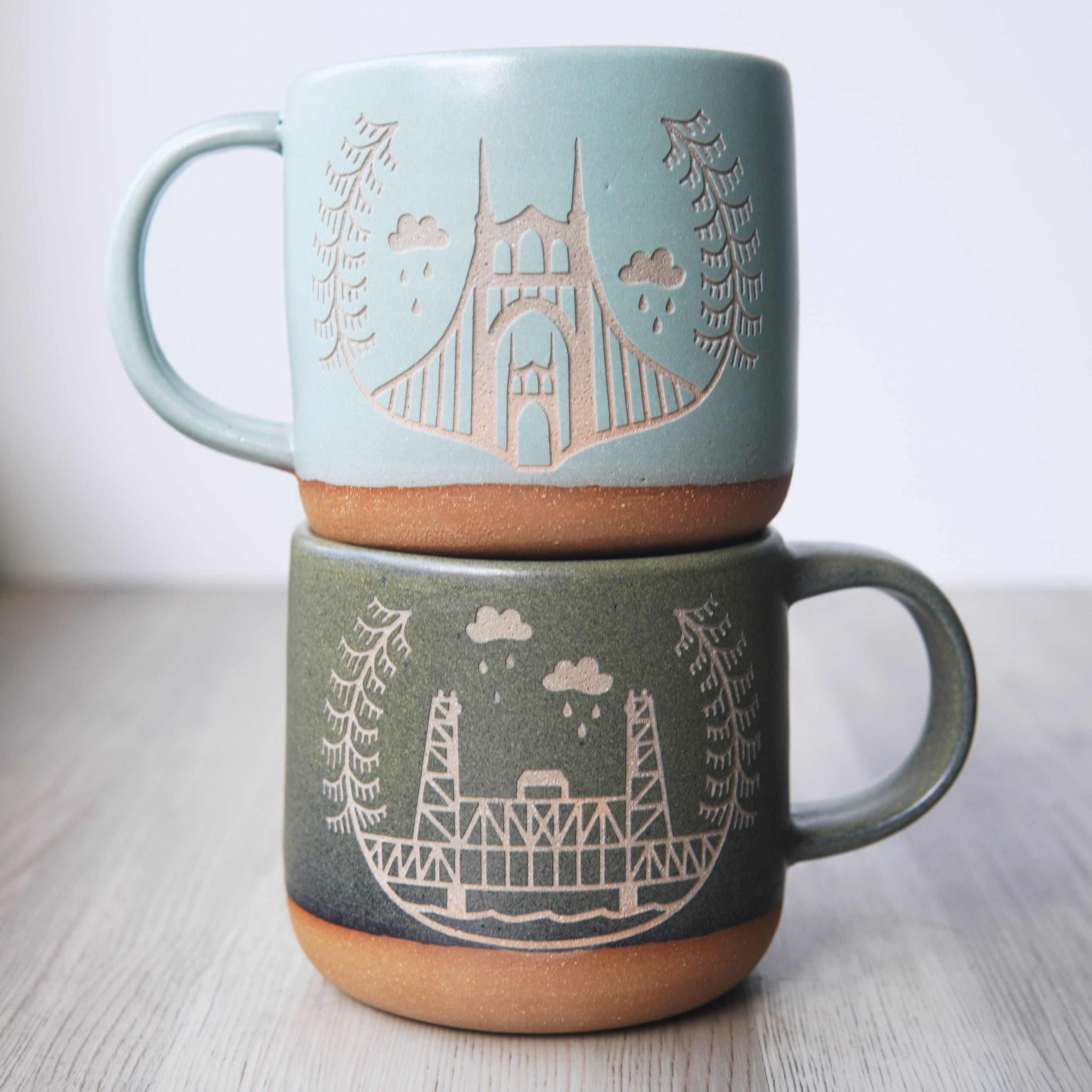 Portland Bridges Mug, Forest Style Handmade Pottery