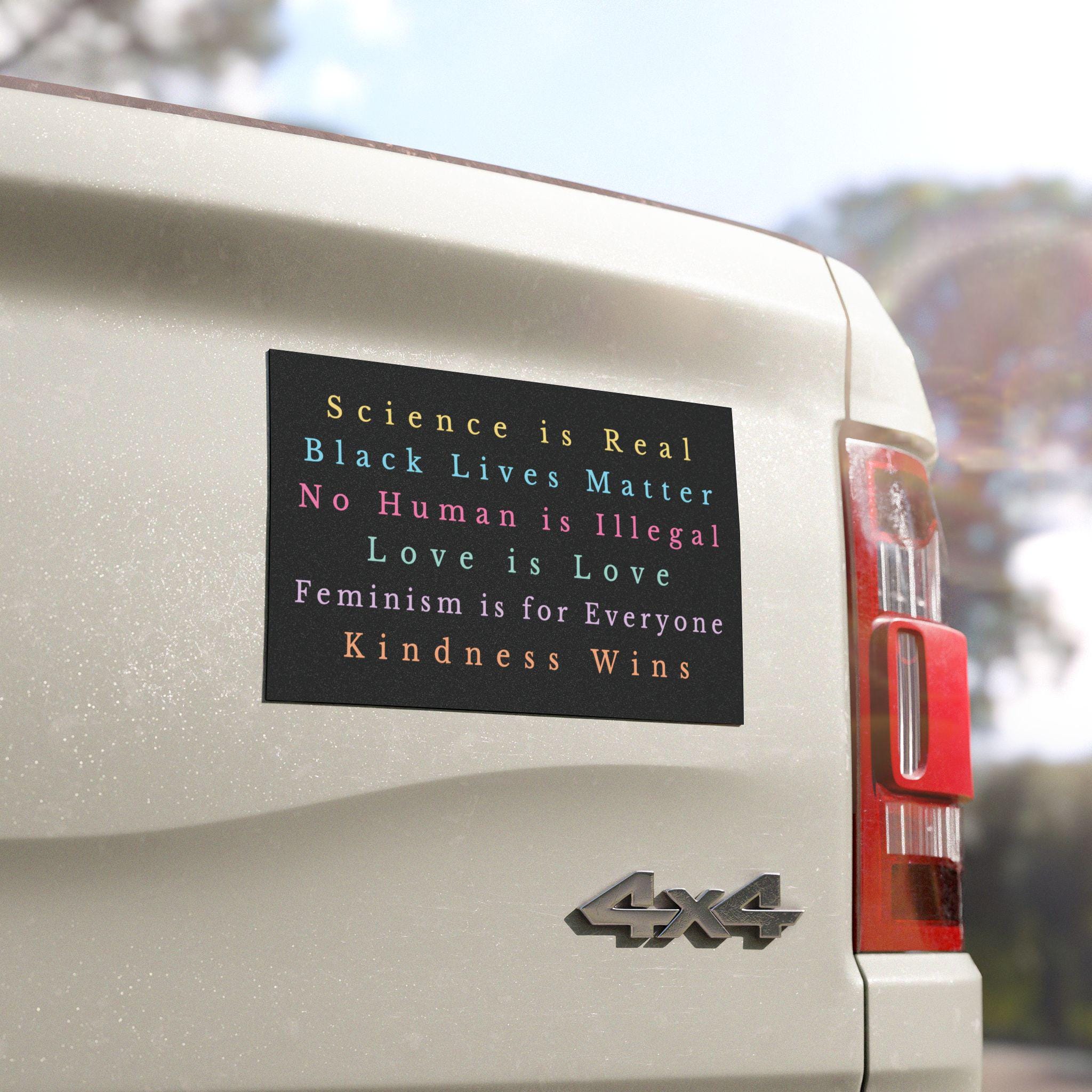 Social Justice Car Magnet - Science Is Real, Kindness Wins, Love Is Love, No Human is Illegal